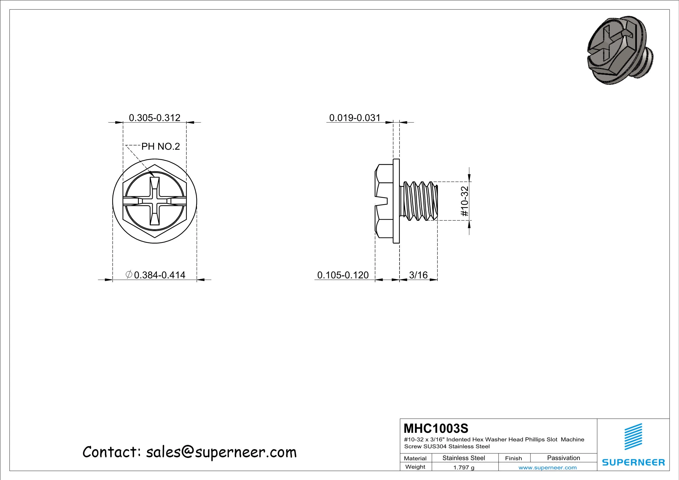 8-32 x 3/16" Indented Hex Washer Head Phillips Slot Machine Screw SUS304 Stainless Steel Inox