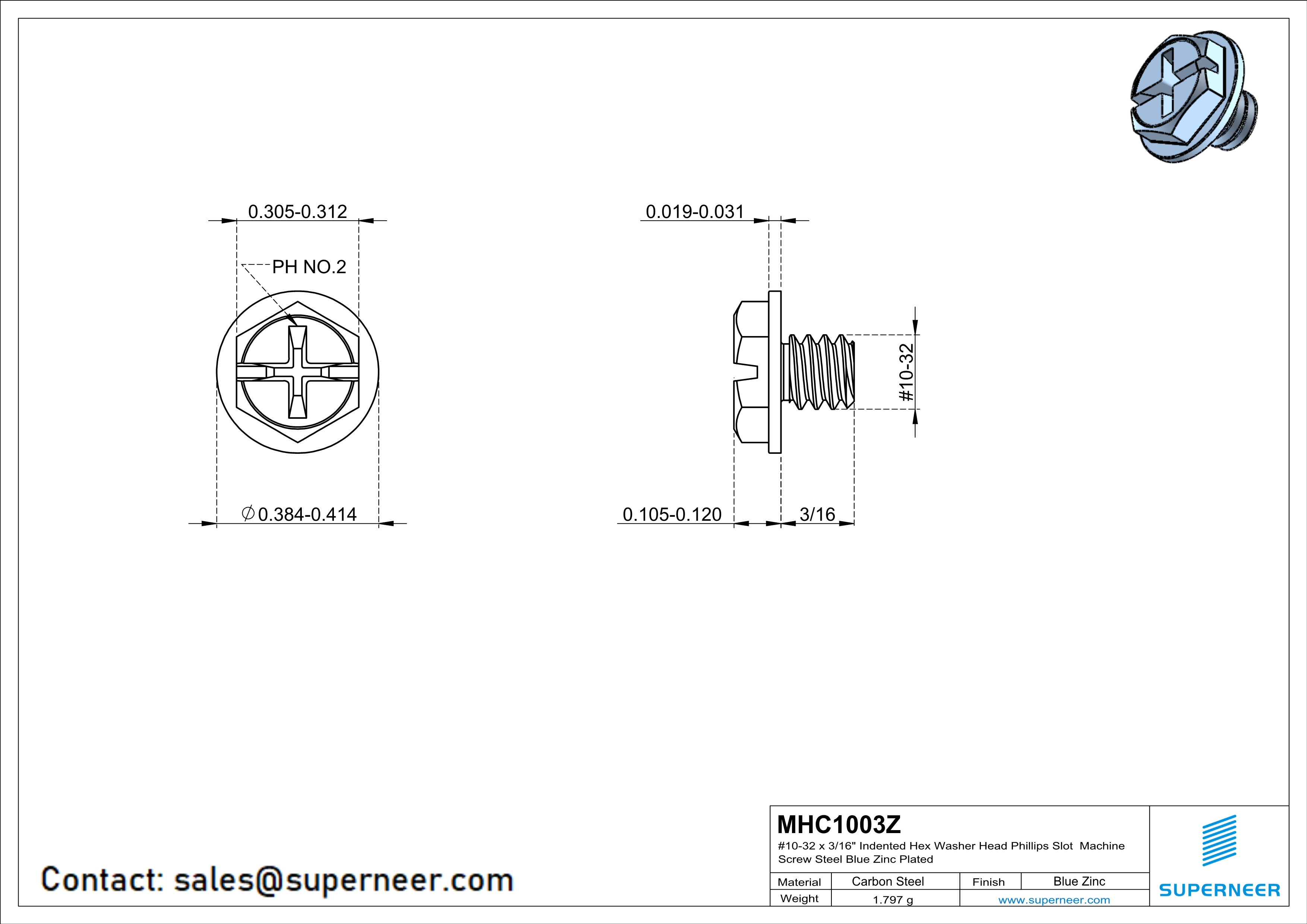 10-32  x  3/16" Indented Hex Washer Head Phillips Slot Machine Screw Steel Blue Zinc Plated