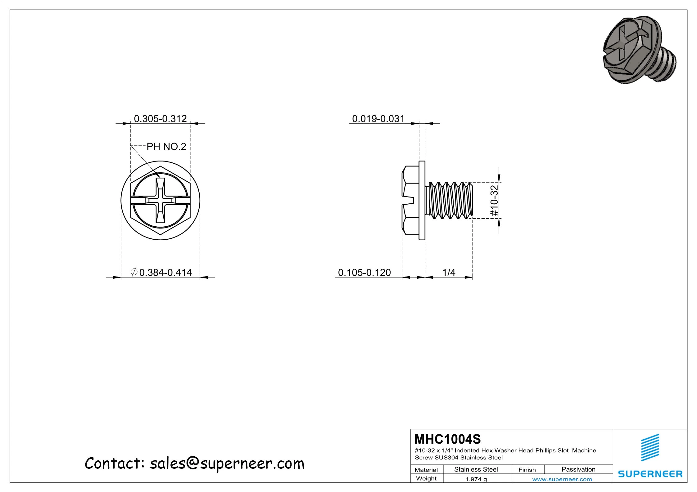 10-32 x 1/4" Indented Hex Washer Head Phillips Slot Machine Screw SUS304 Stainless Steel Inox