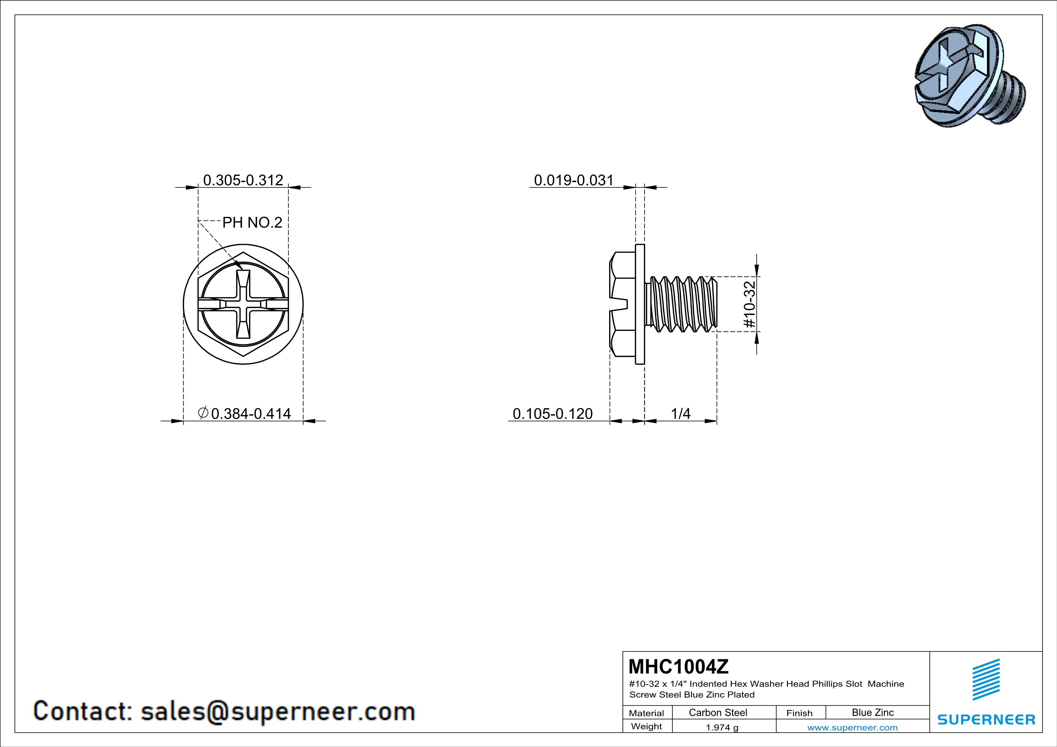 10-32 x 1/4" Indented Hex Washer Head Phillips Slot Machine Screw Steel Blue Zinc Plated