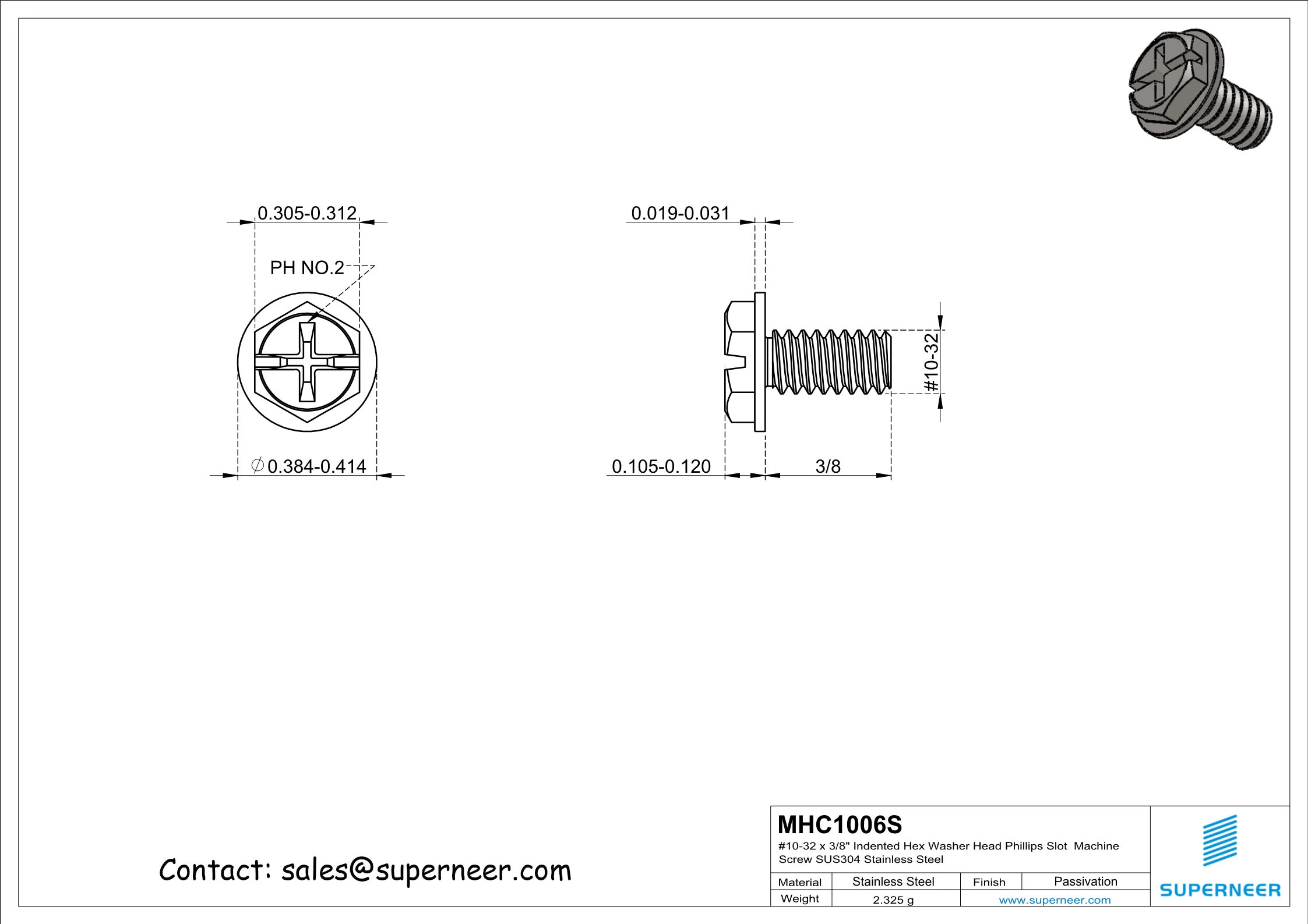 10-32 x 3/8" Indented Hex Washer Head Phillips Slot Machine Screw SUS304 Stainless Steel Inox