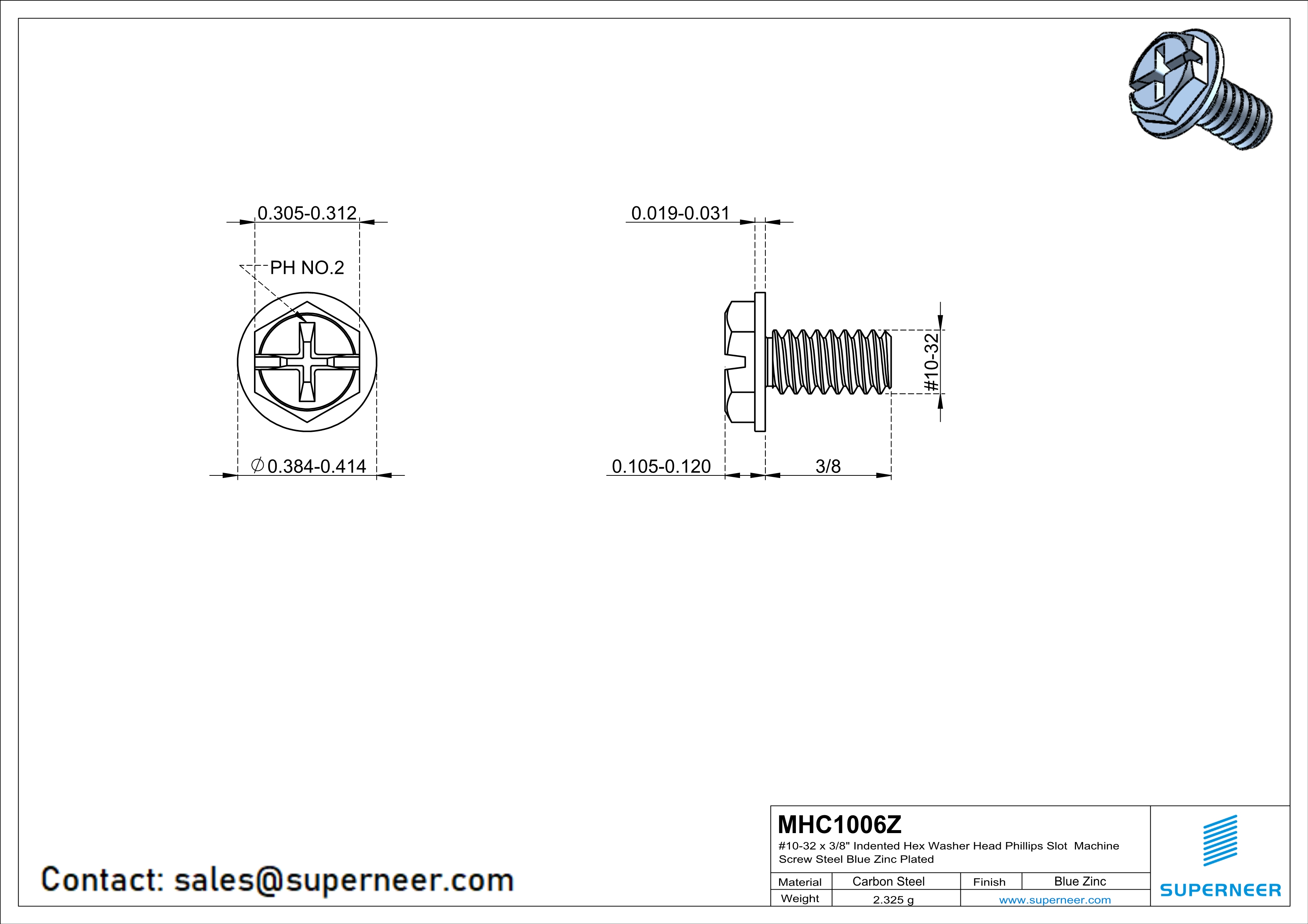 10-32 x 3/8" Indented Hex Washer Head Phillips Slot Machine Screw Steel Blue Zinc Plated