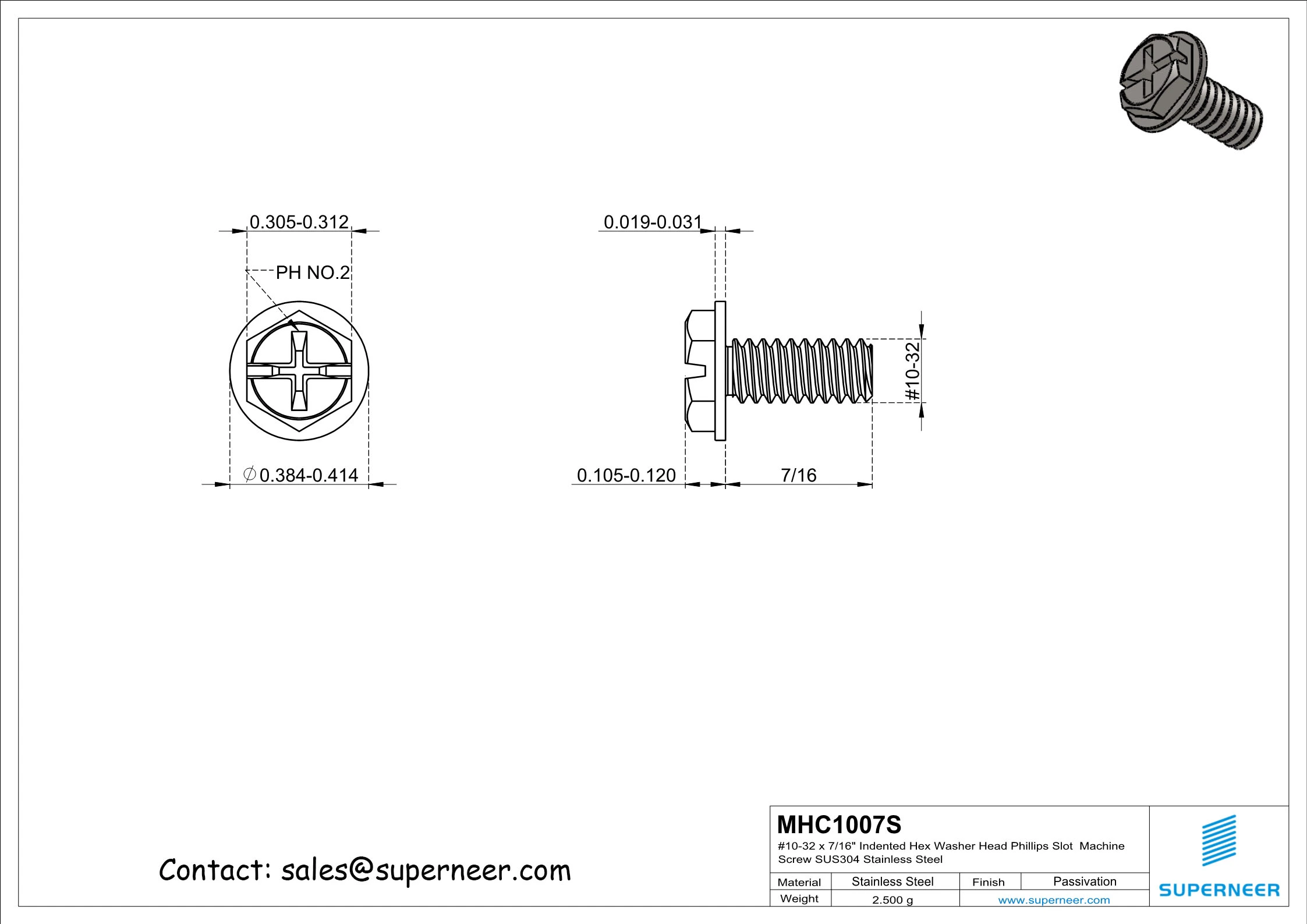 10-32 x 7/16“ Indented Hex Washer Head Phillips Slot Machine Screw SUS304 Stainless Steel Inox