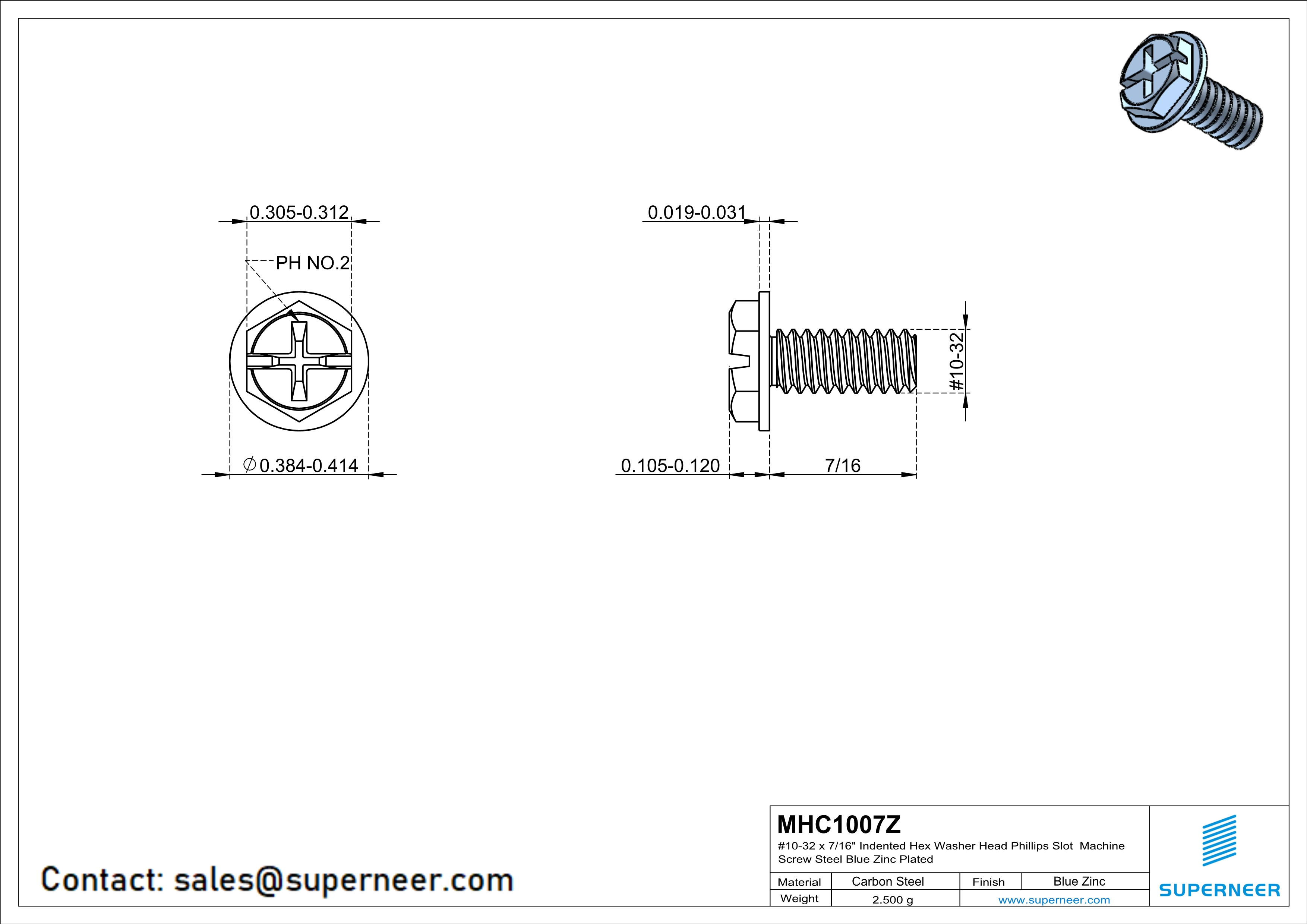 10-32 x 7/16“ Indented Hex Washer Head Phillips Slot Machine Screw Steel Blue Zinc Plated