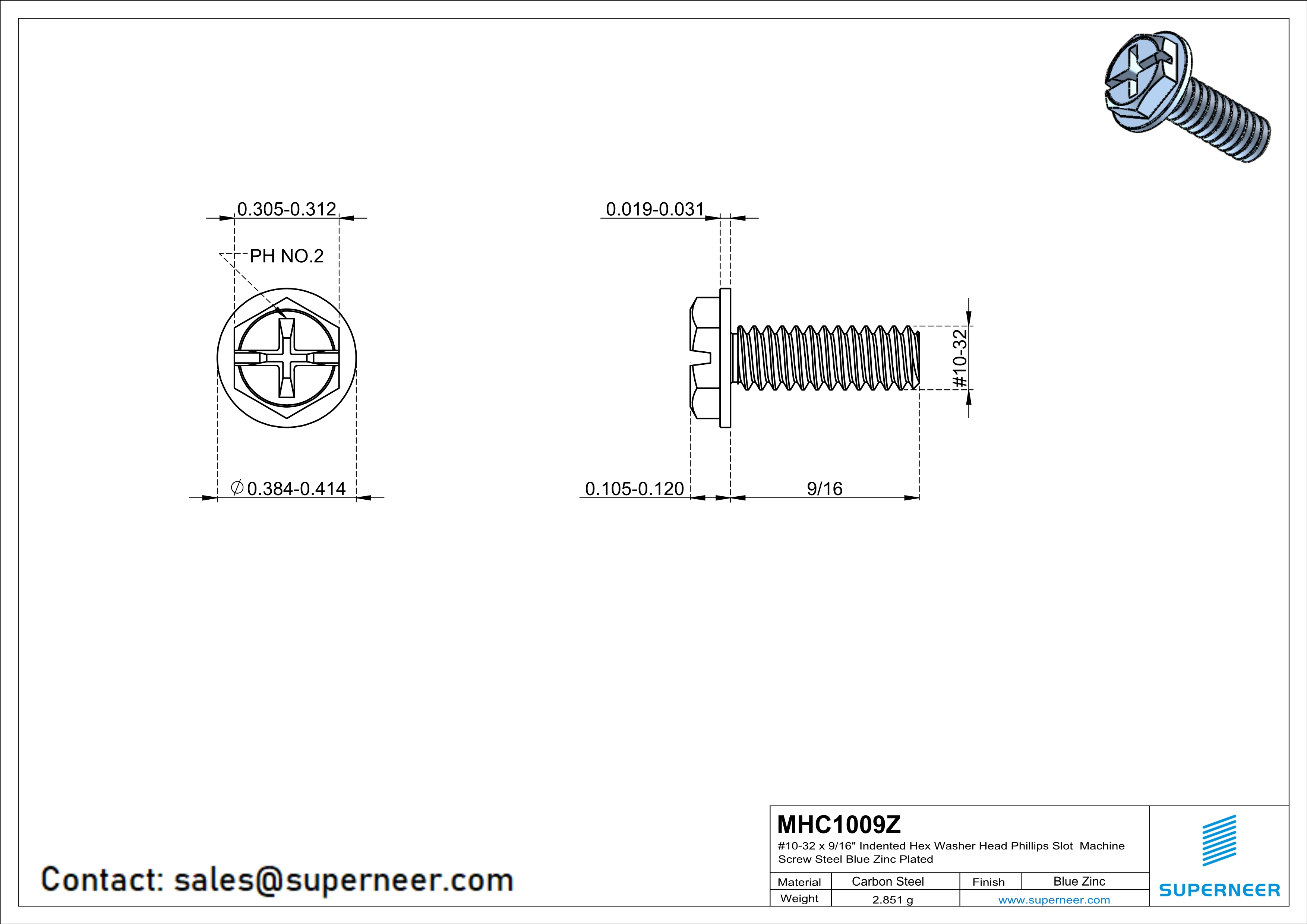 10-32 x 9/16“ Indented Hex Washer Head Phillips Slot Machine Screw Steel Blue Zinc Plated