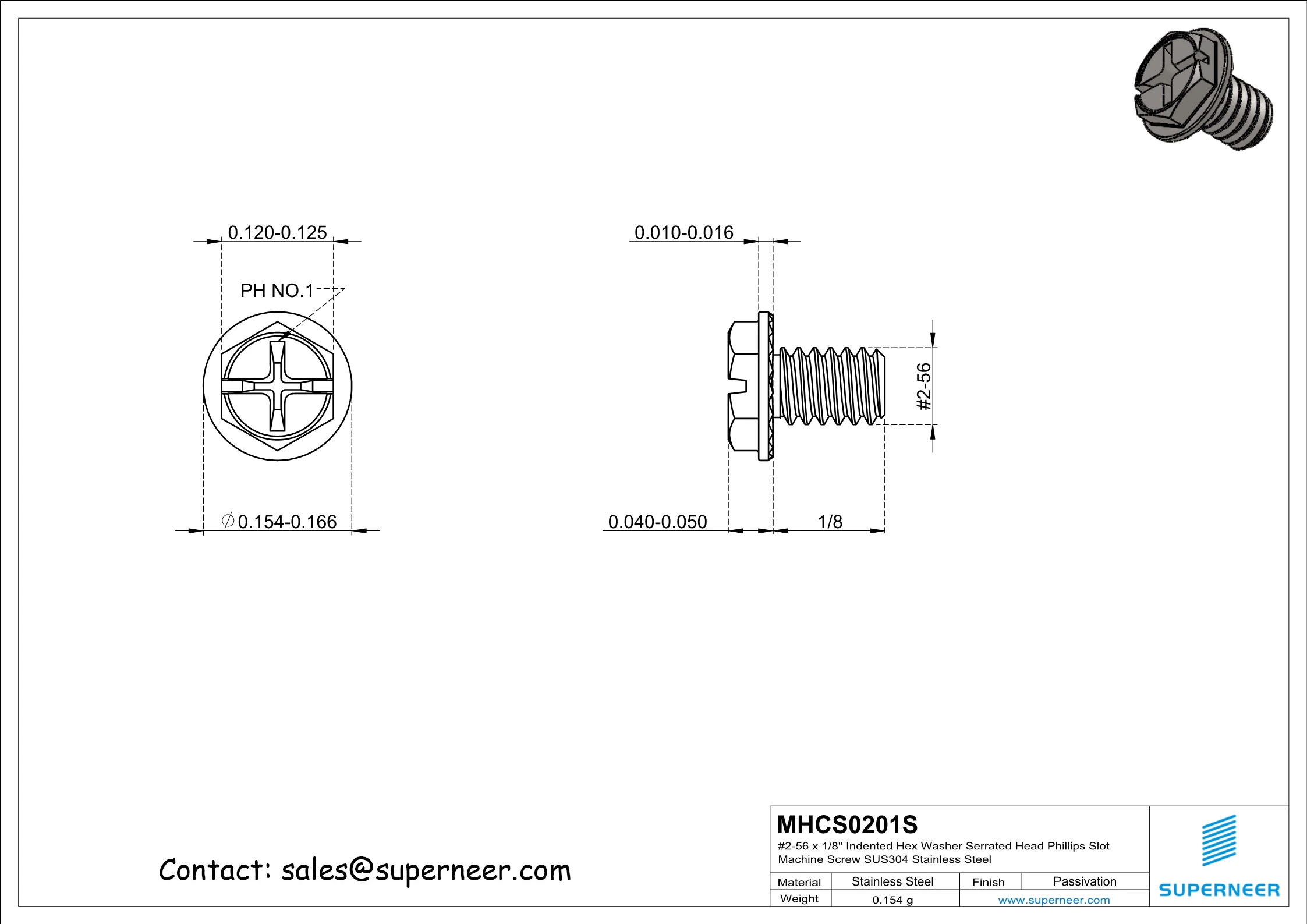 2-56 x 1/8" Indented Hex Washer Serrated Head Phillips Slot Machine Screw SUS304 Stainless Steel Inox