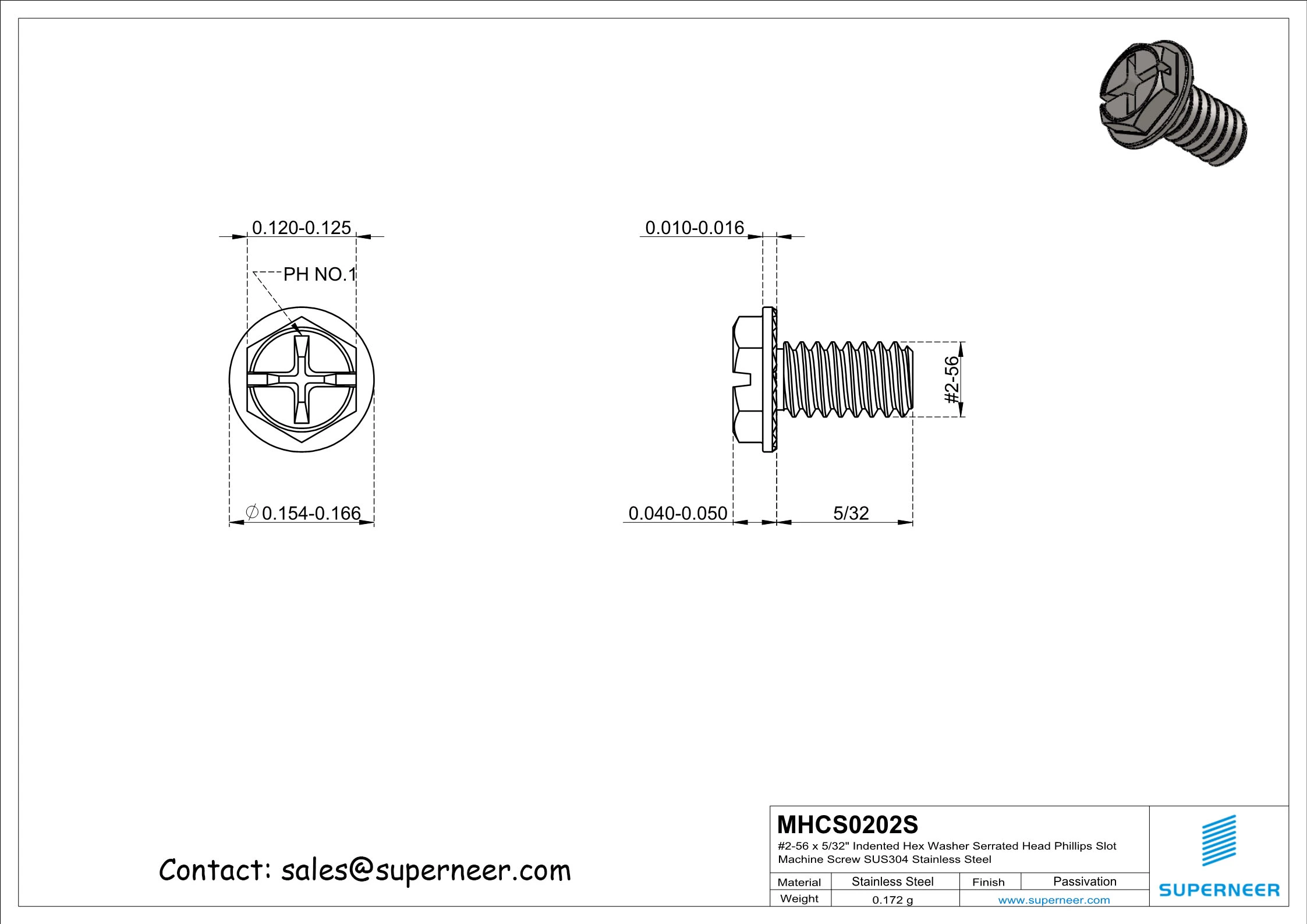 2-56 x 5/32" Indented Hex Washer Serrated Head Phillips Slot Machine Screw SUS304 Stainless Steel Inox