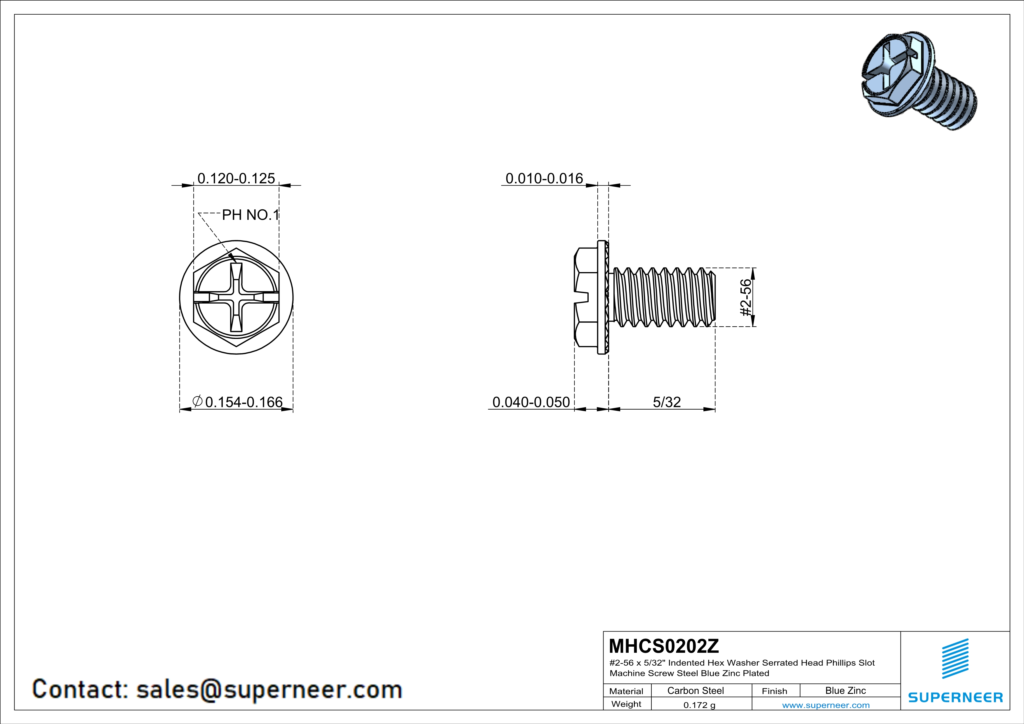 2-56 x 5/32" Indented Hex Washer Serrated Head Phillips Slot Machine Screw Steel Blue Zinc Plated