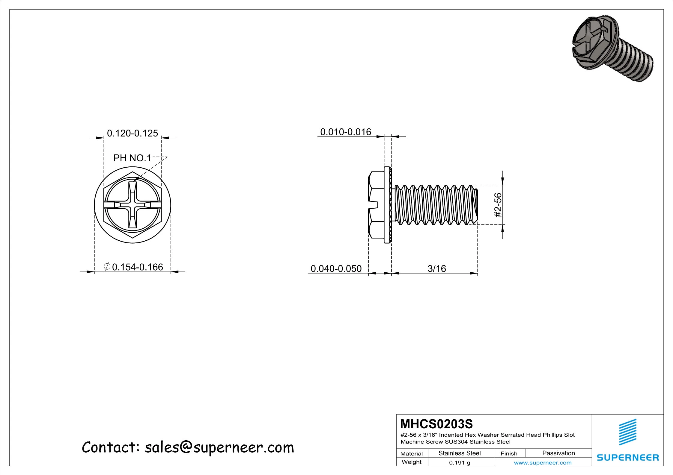 2-56 x 3/16" Indented Hex Washer Serrated Head Phillips Slot Machine Screw SUS304 Stainless Steel Inox