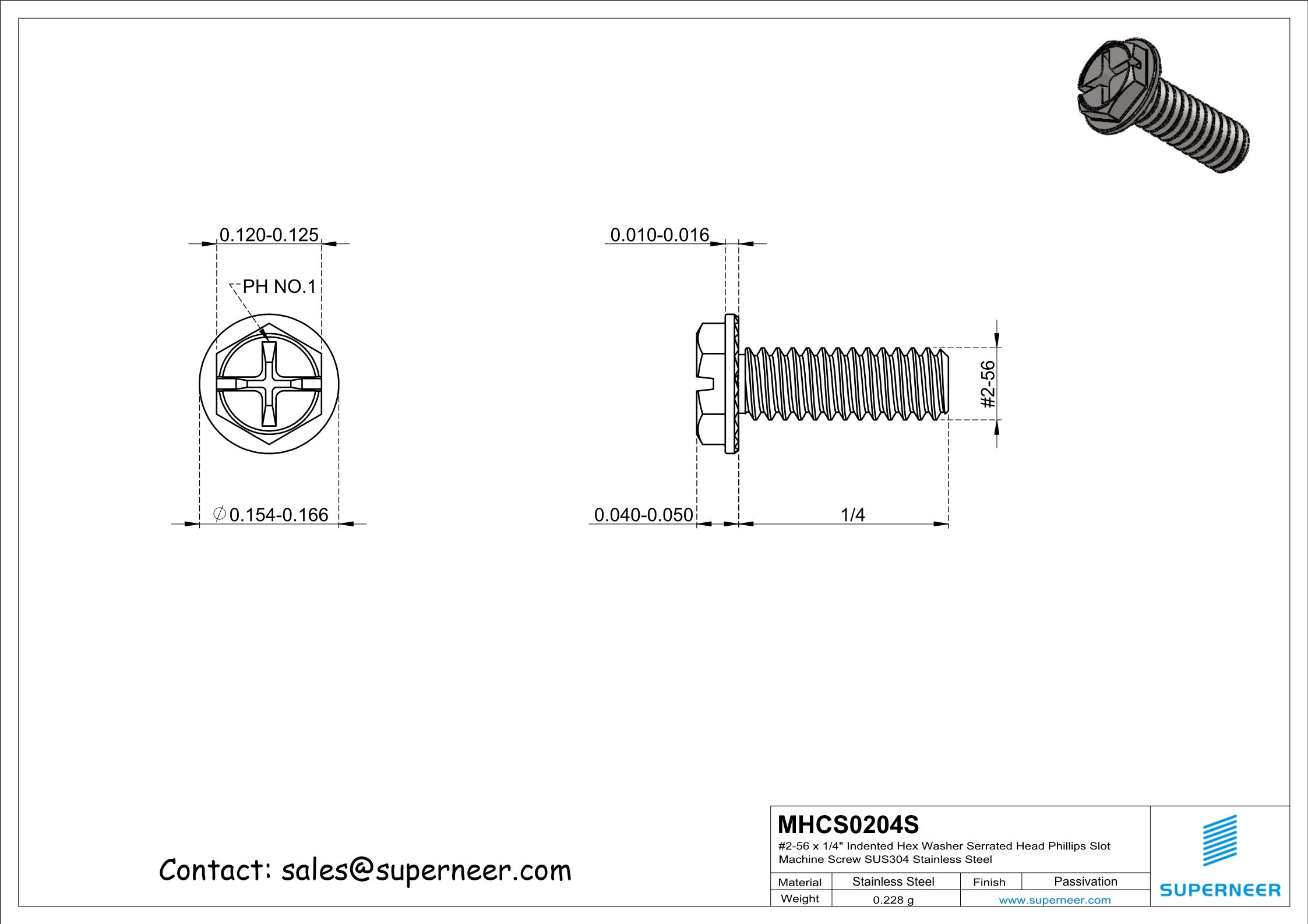 2-56 x 1/4" Indented Hex Washer Serrated Head Phillips Slot Machine Screw SUS304 Stainless Steel Inox