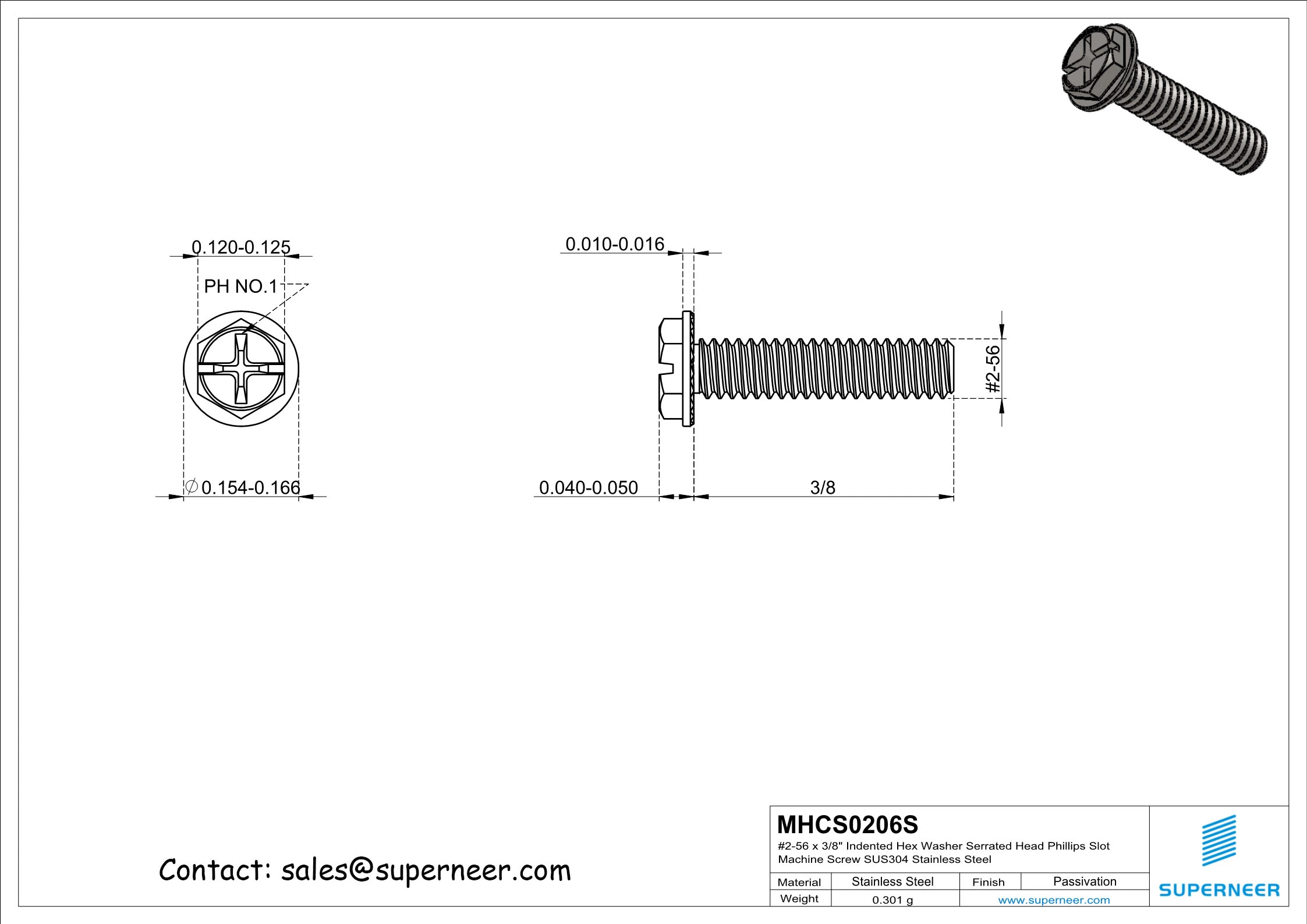 2-56 x 3/8" Indented Hex Washer Serrated Head Phillips Slot Machine Screw SUS304 Stainless Steel Inox