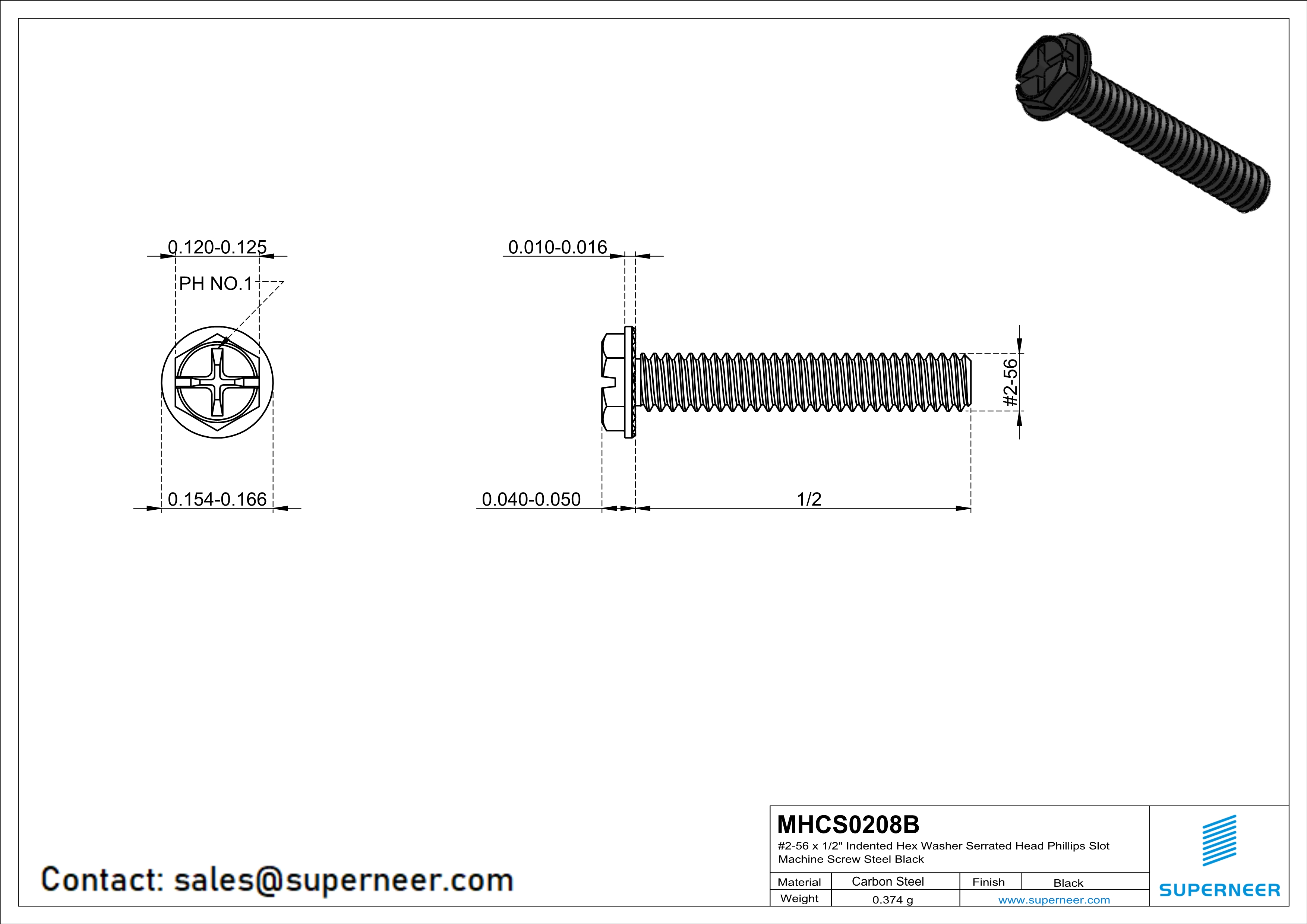 2-56 x 1/2" Indented Hex Washer Serrated Head Phillips Slot Machine Screw Steel Black