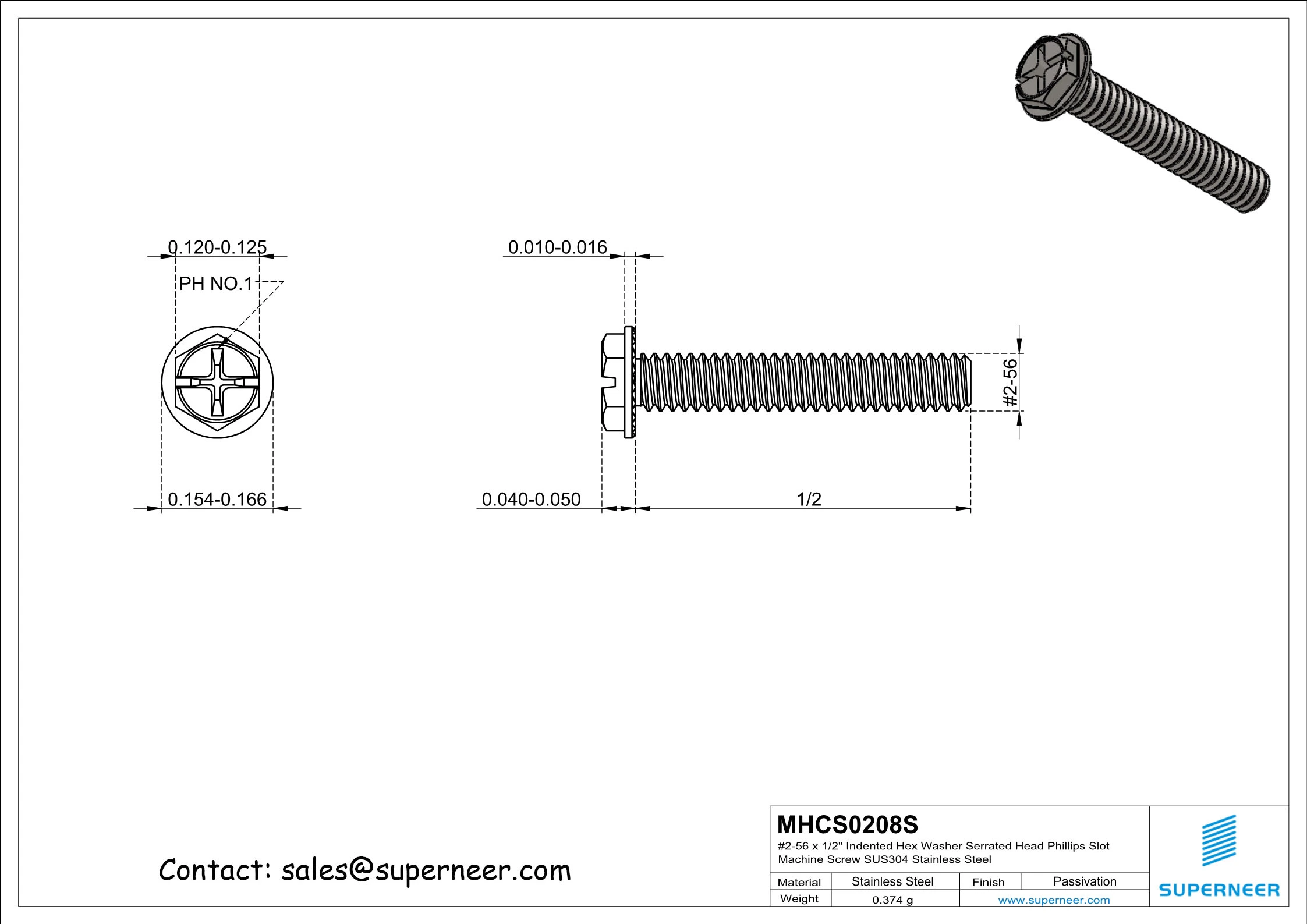 2-56 x 1/2" Indented Hex Washer Serrated Head Phillips Slot Machine Screw SUS304 Stainless Steel Inox