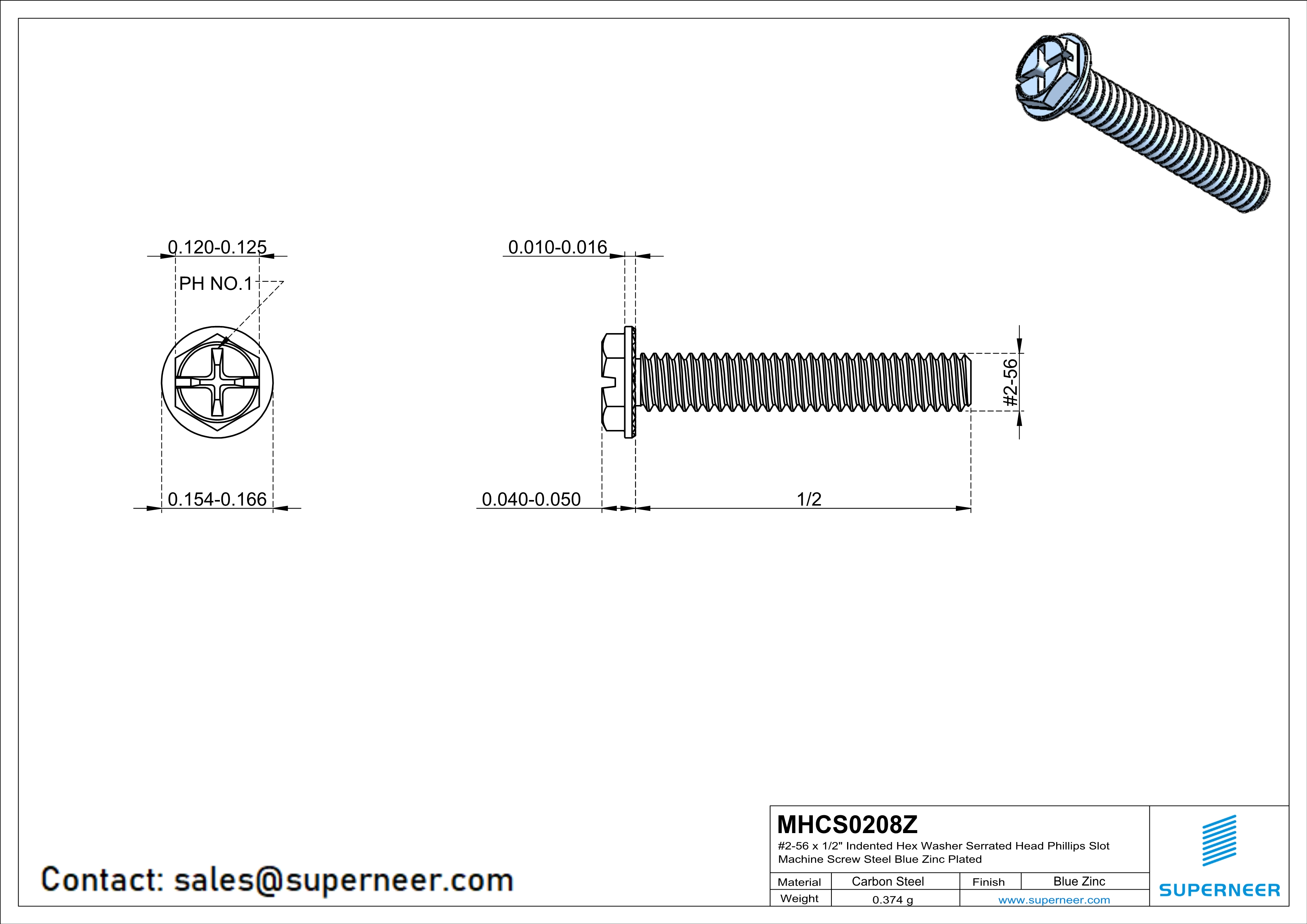 2-56 x 1/2" Indented Hex Washer Serrated Head Phillips Slot Machine Screw Steel Blue Zinc Plated