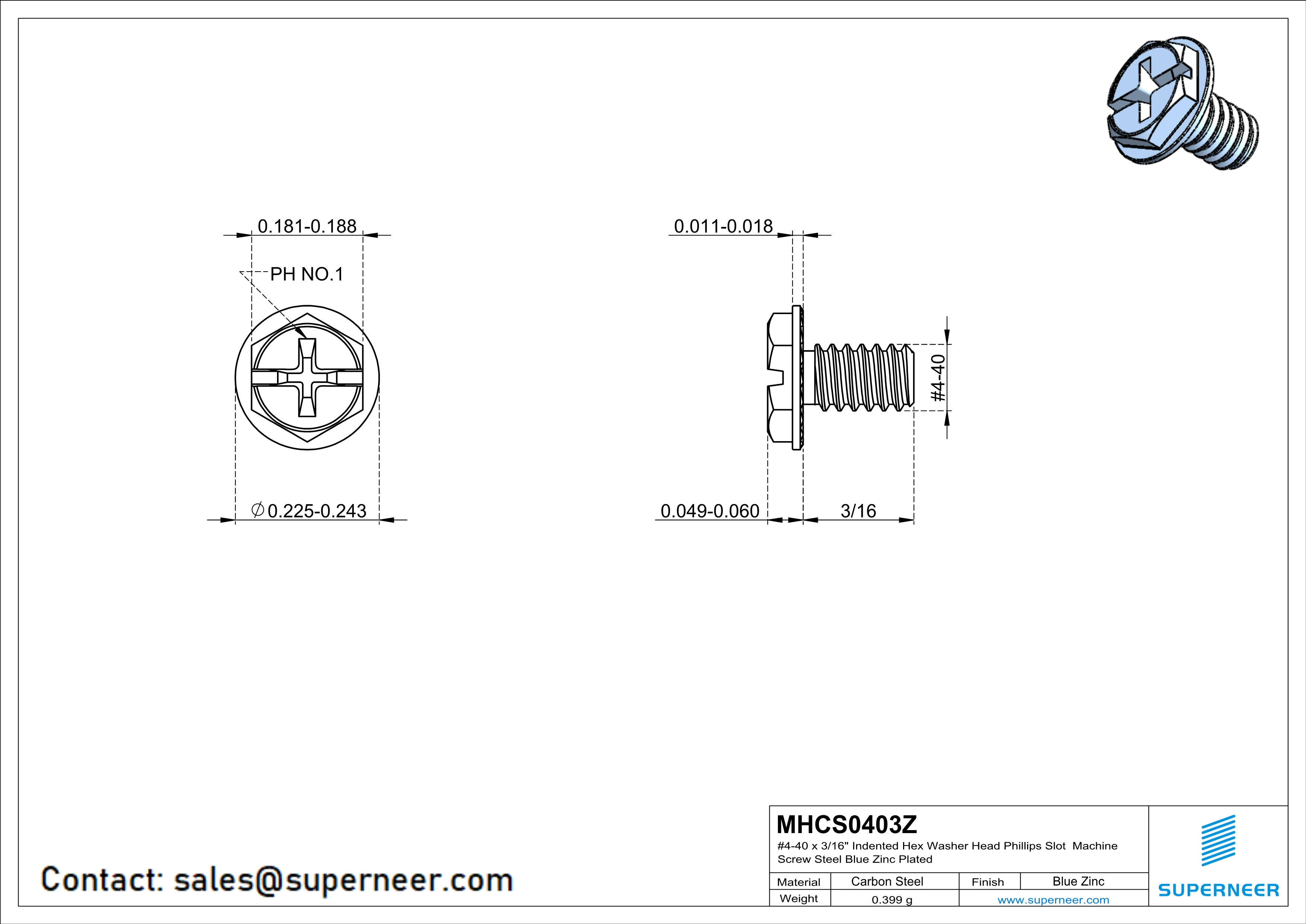 4-40 x 3/16" Indented Hex Washer Serrated Head Phillips Slot Machine Screw Steel Blue Zinc Plated