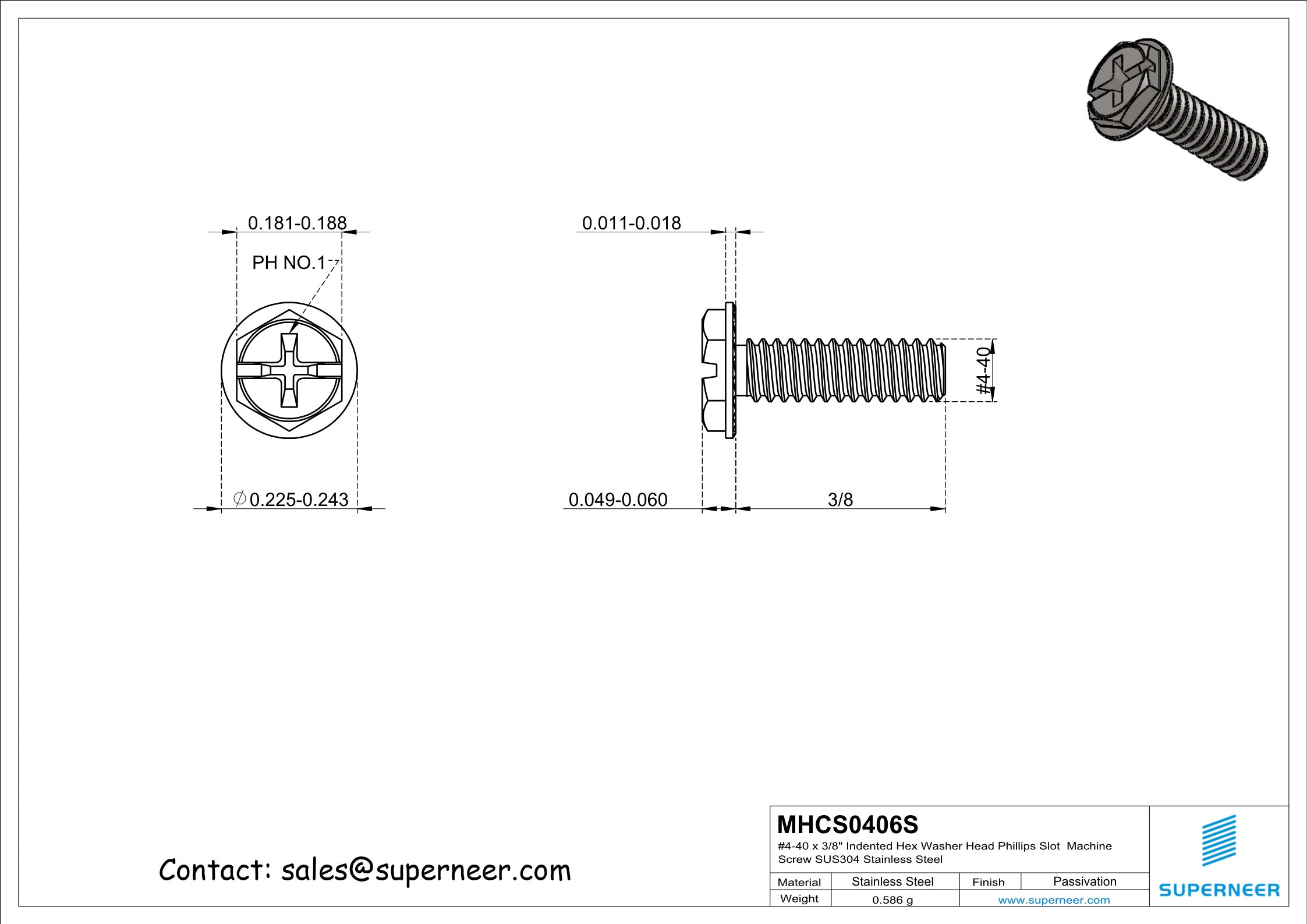 4-40 x 3/8" Indented Hex Washer Serrated Head Phillips Slot Machine Screw SUS304 Stainless Steel Inox