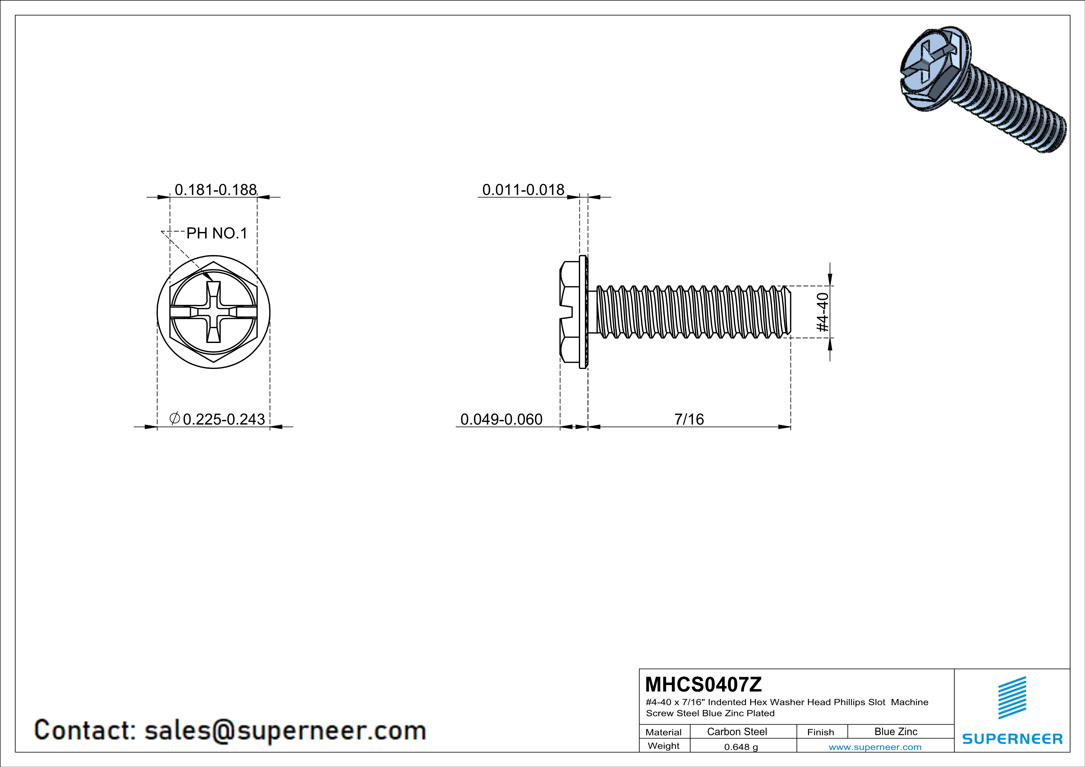 4-40 x 7/16“ Indented Hex Washer Serrated Head Phillips Slot Machine Screw Steel Blue Zinc Plated