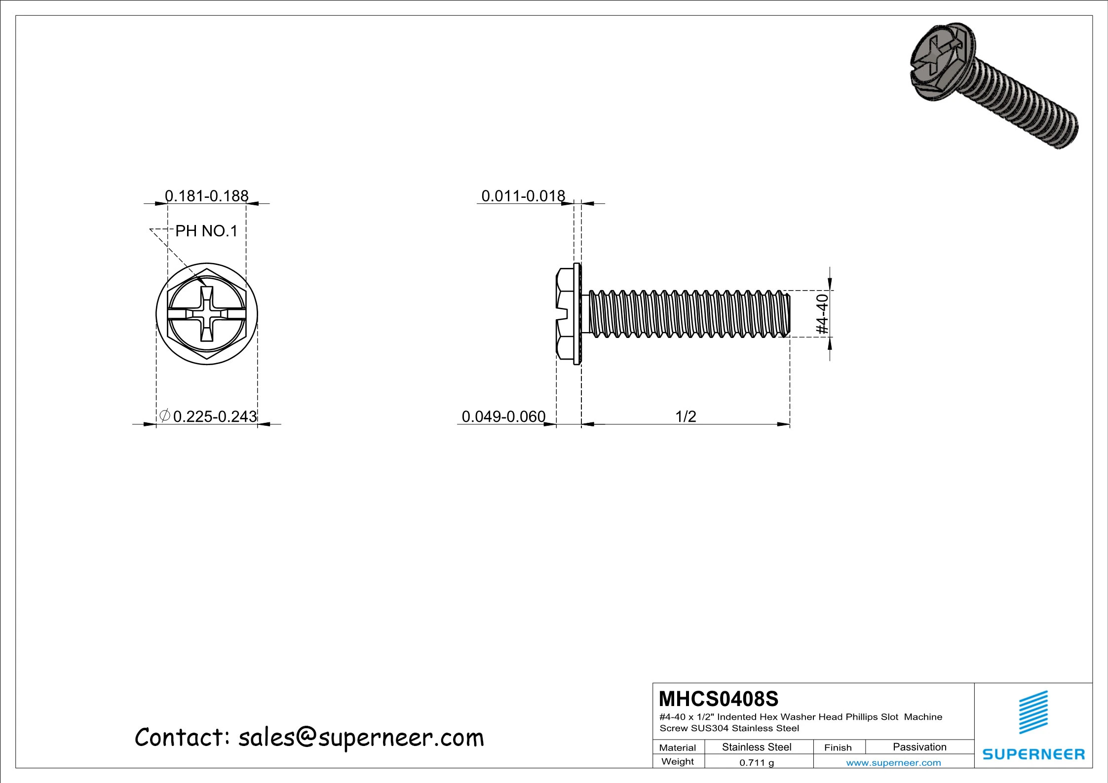 4-40 x 1/2" Indented Hex Washer Serrated Head Phillips Slot Machine Screw SUS304 Stainless Steel Inox