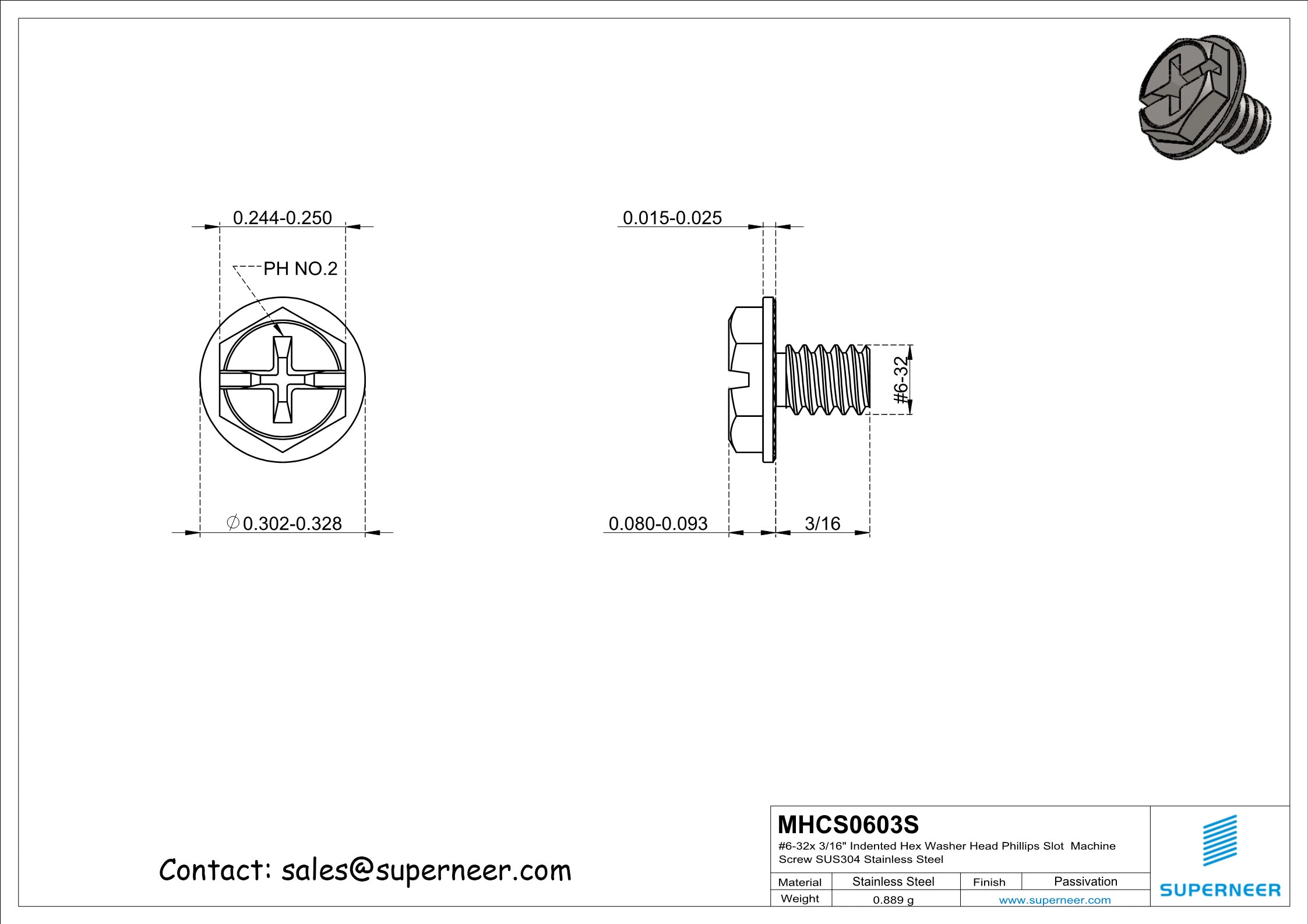 6-32 x 3/16" Indented Hex Washer Serrated Head Phillips Slot Machine Screw SUS304 Stainless Steel Inox