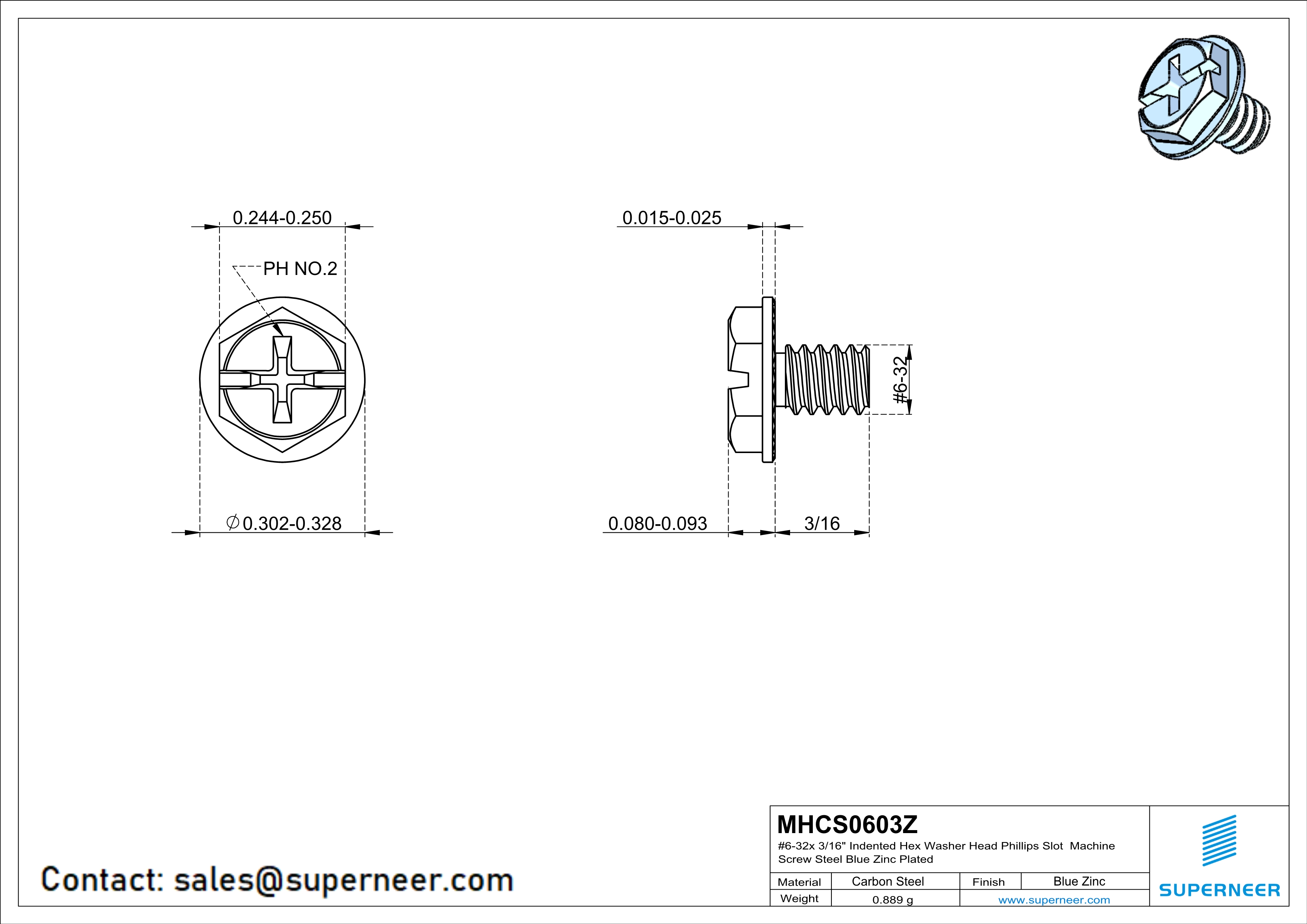 6-32 x 3/16" Indented Hex Washer Serrated Head Phillips Slot Machine Screw Steel Blue Zinc Plated