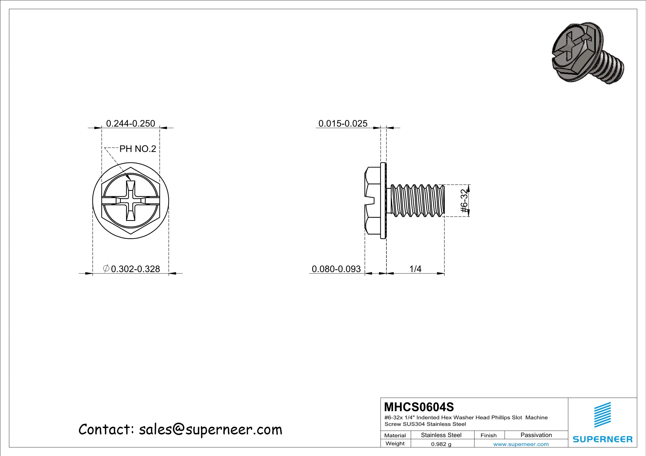 6-32 x 1/4" Indented Hex Washer Serrated Head Phillips Slot Machine Screw SUS304 Stainless Steel Inox