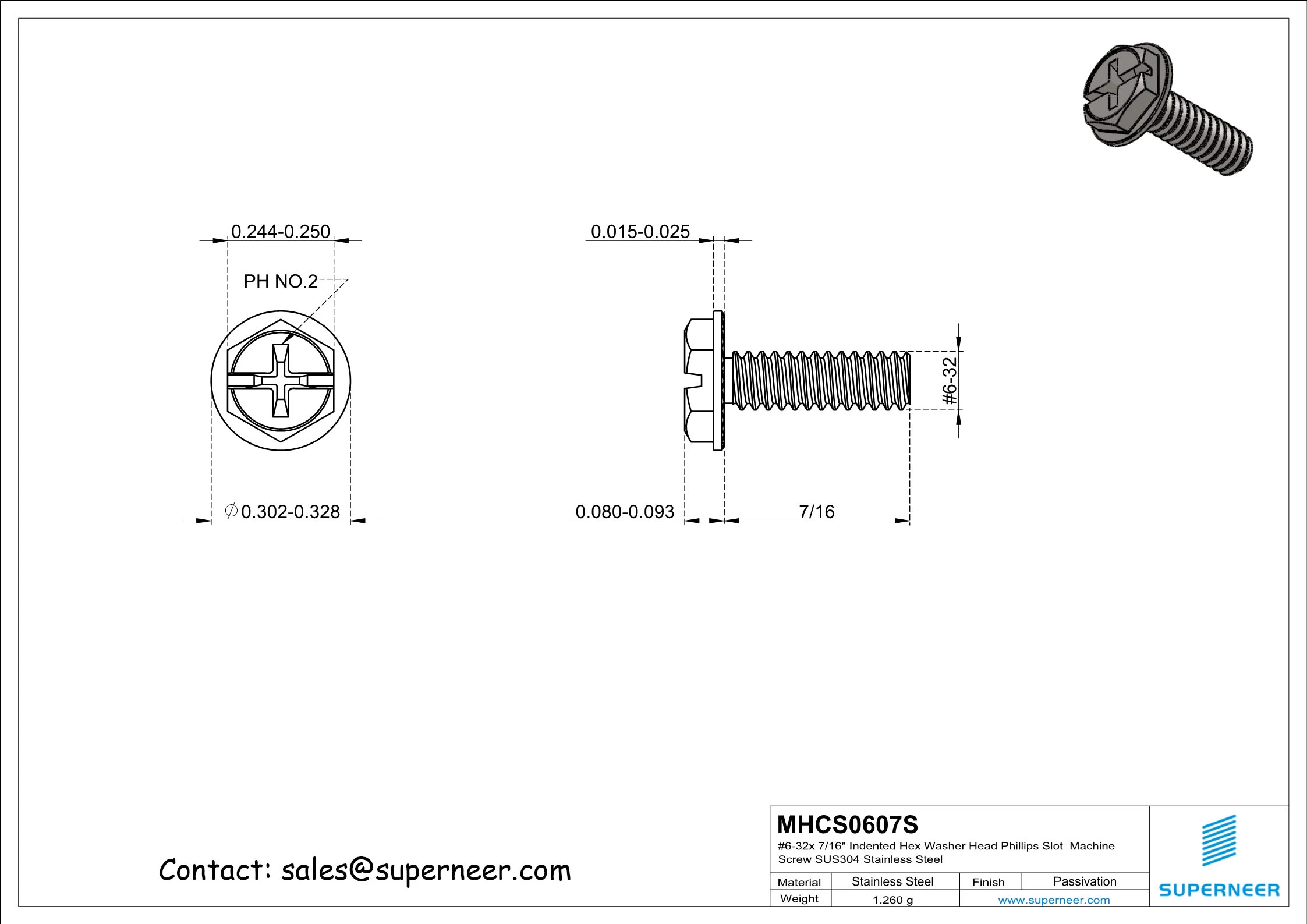 6-32 x 7/16“ Indented Hex Washer Serrated Head Phillips Slot Machine Screw SUS304 Stainless Steel Inox