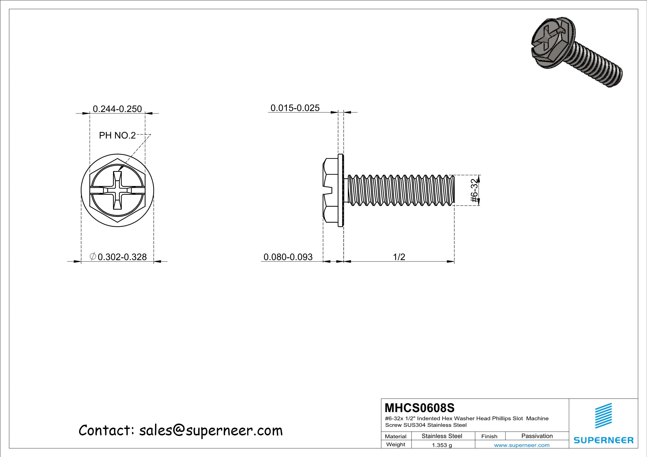 6-32 x 1/2" Indented Hex Washer Serrated Head Phillips Slot Machine Screw SUS304 Stainless Steel Inox