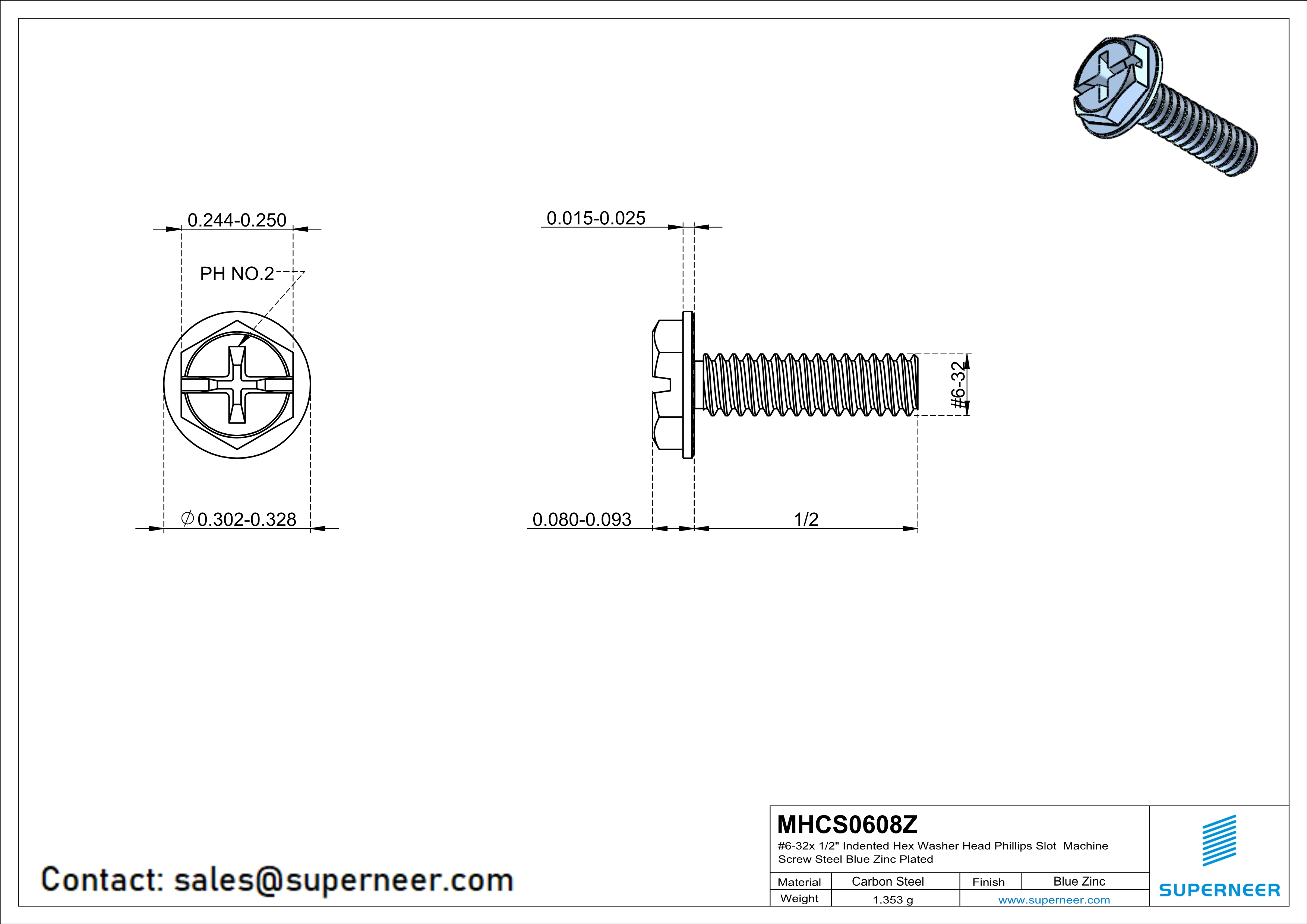 6-32 x 1/2" Indented Hex Washer Serrated Head Phillips Slot Machine Screw Steel Blue Zinc Plated