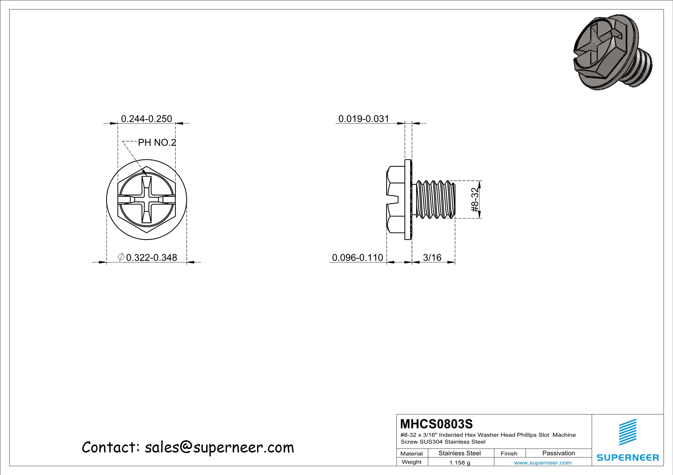 8-32 x 3/16" Indented Hex Washer Serrated Head Phillips Slot Machine Screw SUS304 Stainless Steel Inox