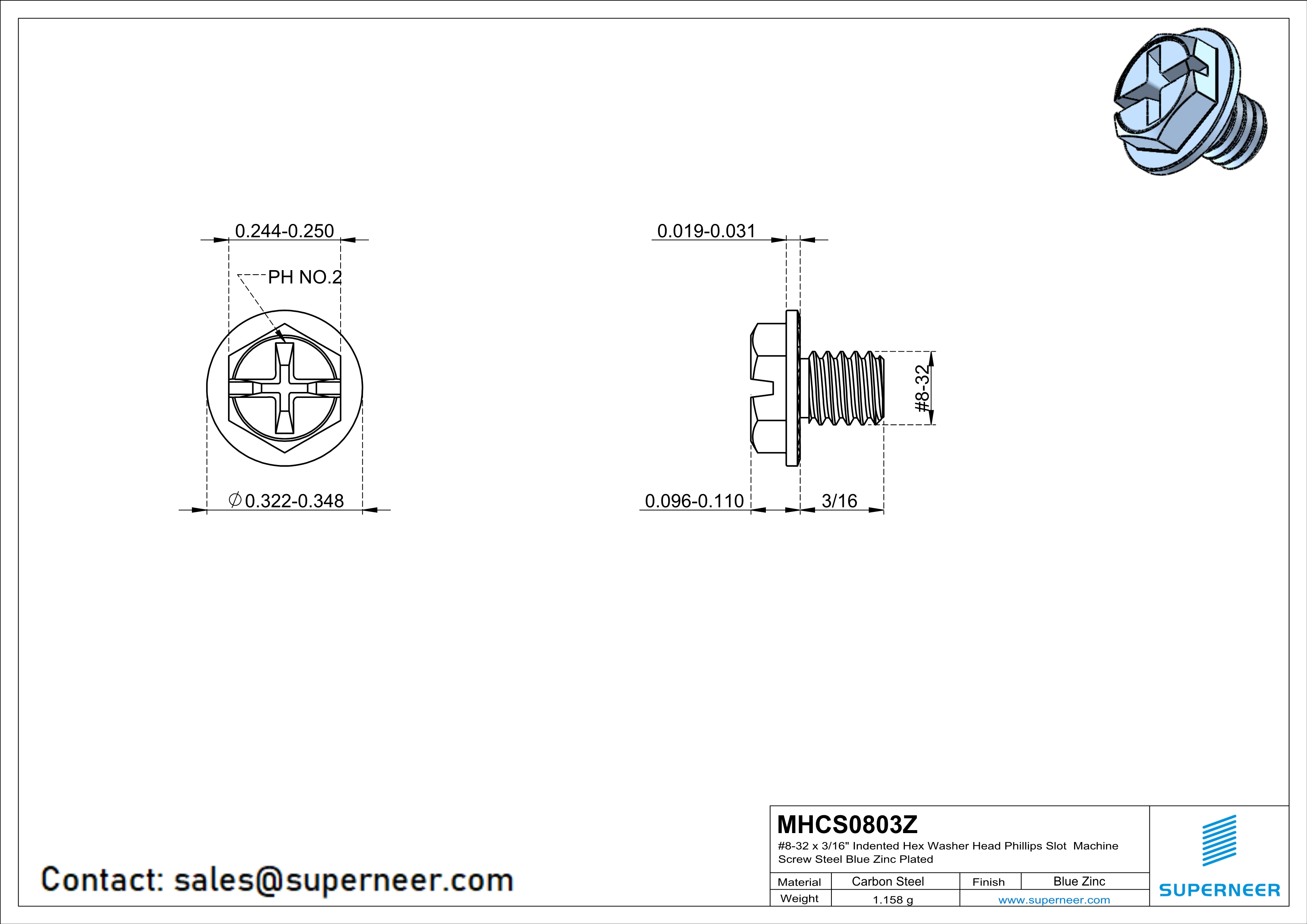 8-32 x 3/16" Indented Hex Washer Serrated Head Phillips Slot Machine Screw Steel Blue Zinc Plated