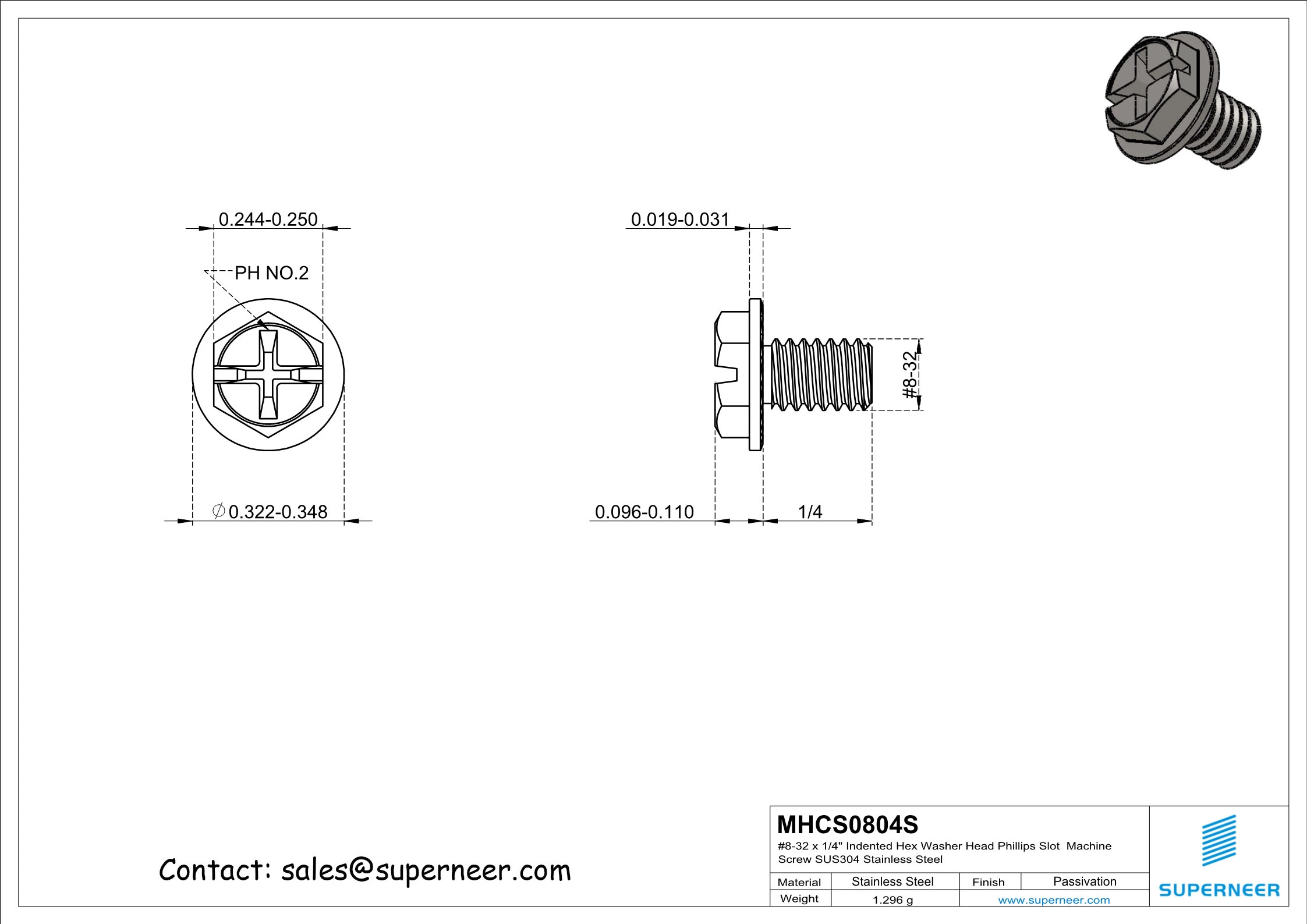 8-32 x 1/4" Indented Hex Washer Serrated Head Phillips Slot Machine Screw SUS304 Stainless Steel Inox