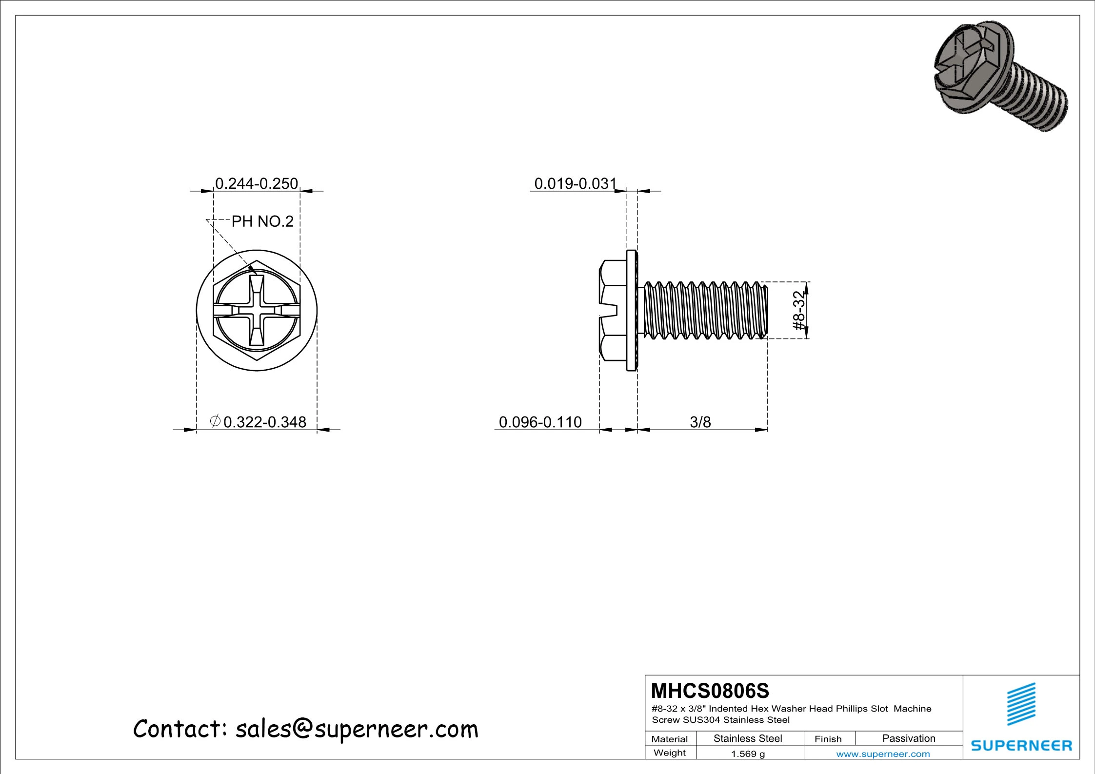 8-32 x 3/8" Indented Hex Washer Serrated Head Phillips Slot Machine Screw SUS304 Stainless Steel Inox