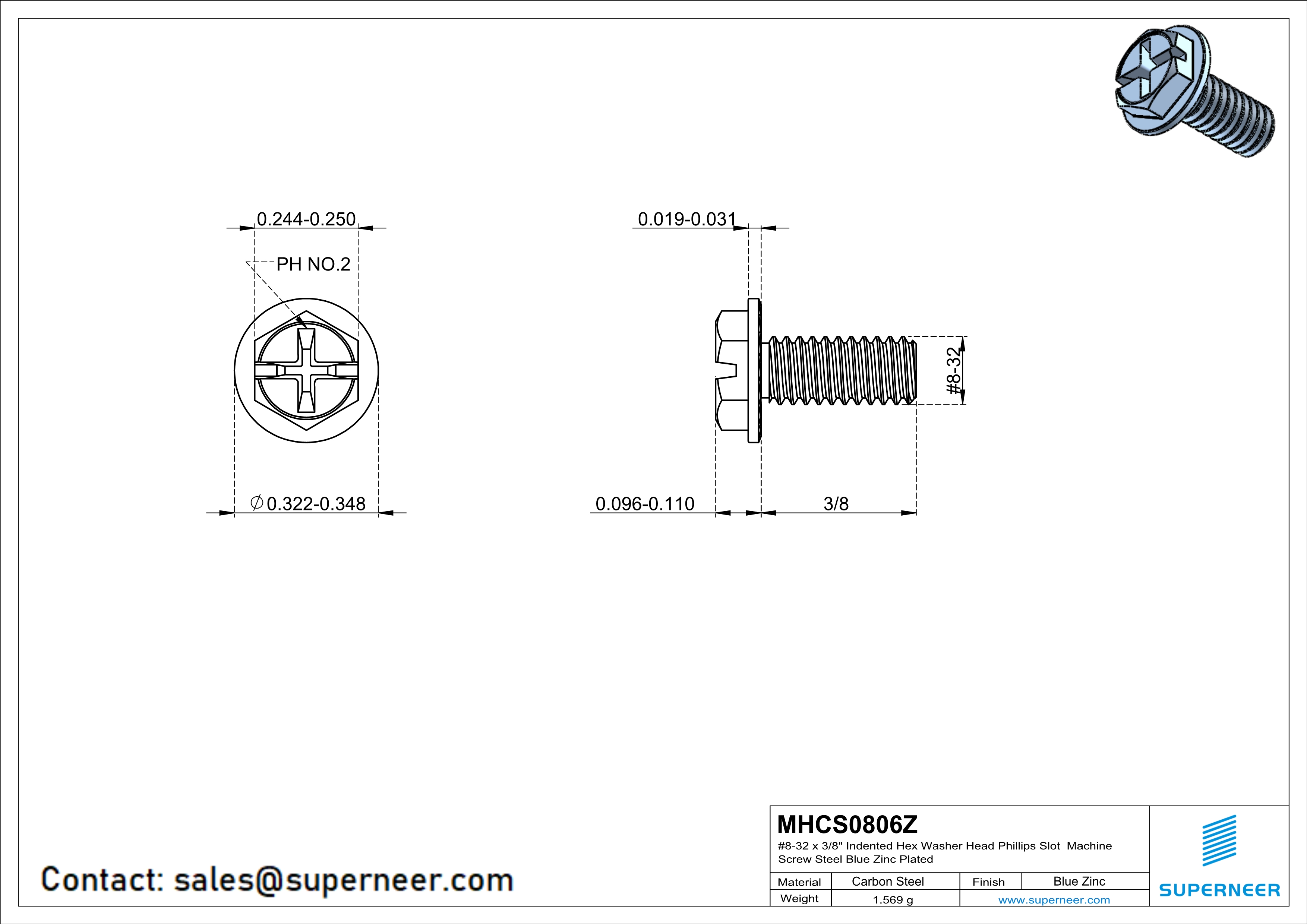 8-32 x 3/8" Indented Hex Washer Serrated Head Phillips Slot Machine Screw Steel Blue Zinc Plated