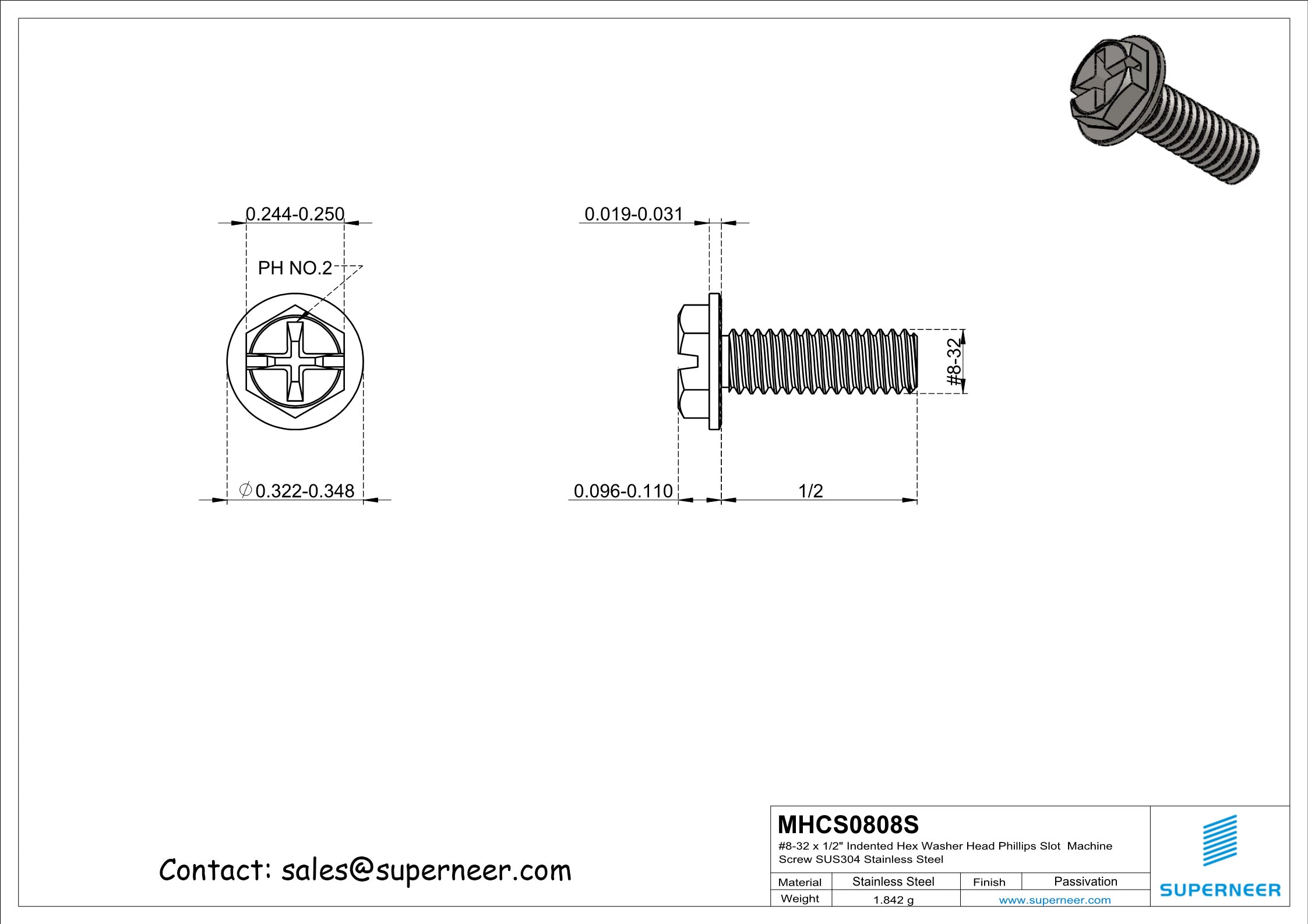 8-32 x 1/2" Indented Hex Washer Serrated Head Phillips Slot Machine Screw SUS304 Stainless Steel Inox