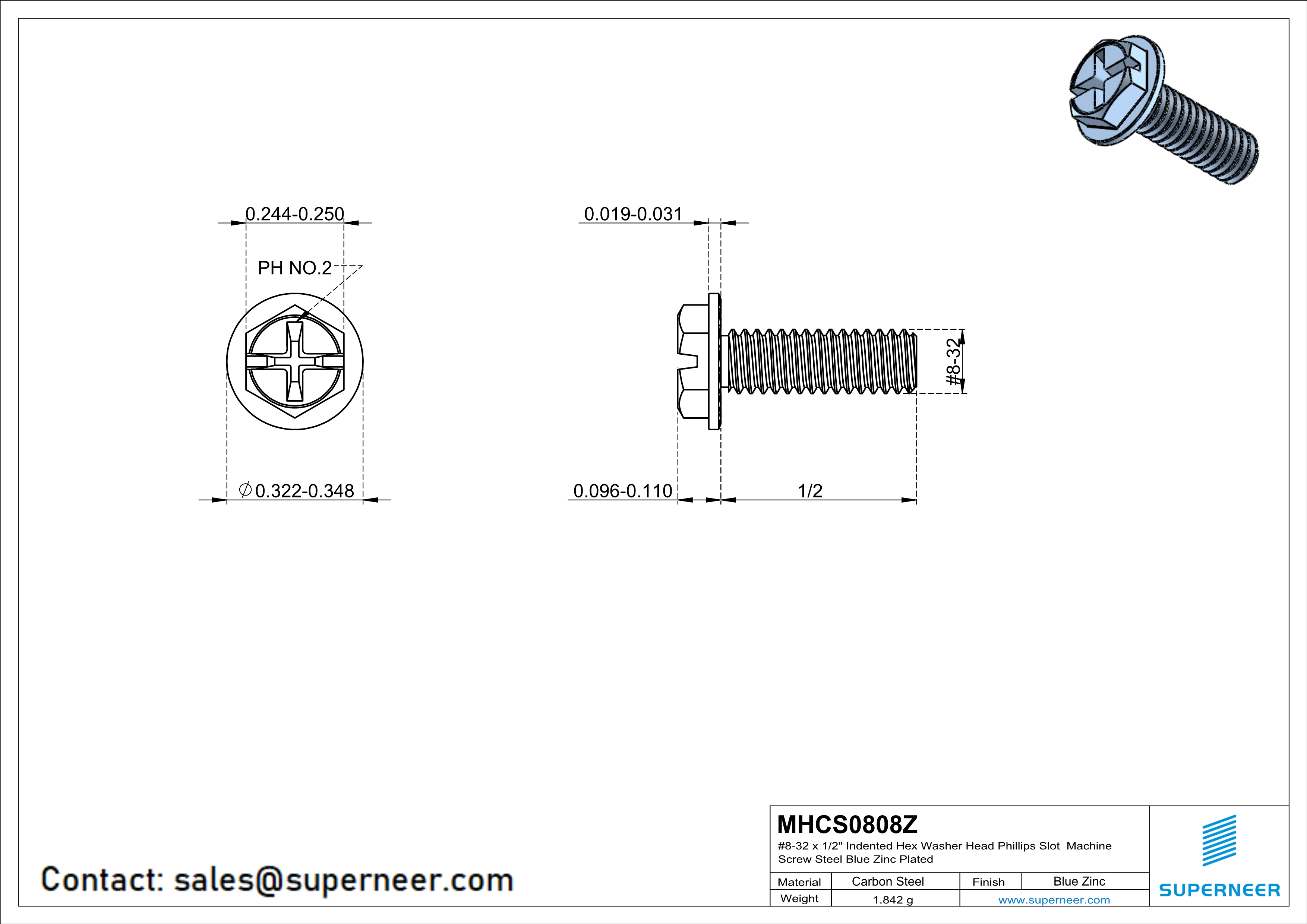 8-32 x 1/2" Indented Hex Washer Serrated Head Phillips Slot Machine Screw Steel Blue Zinc Plated