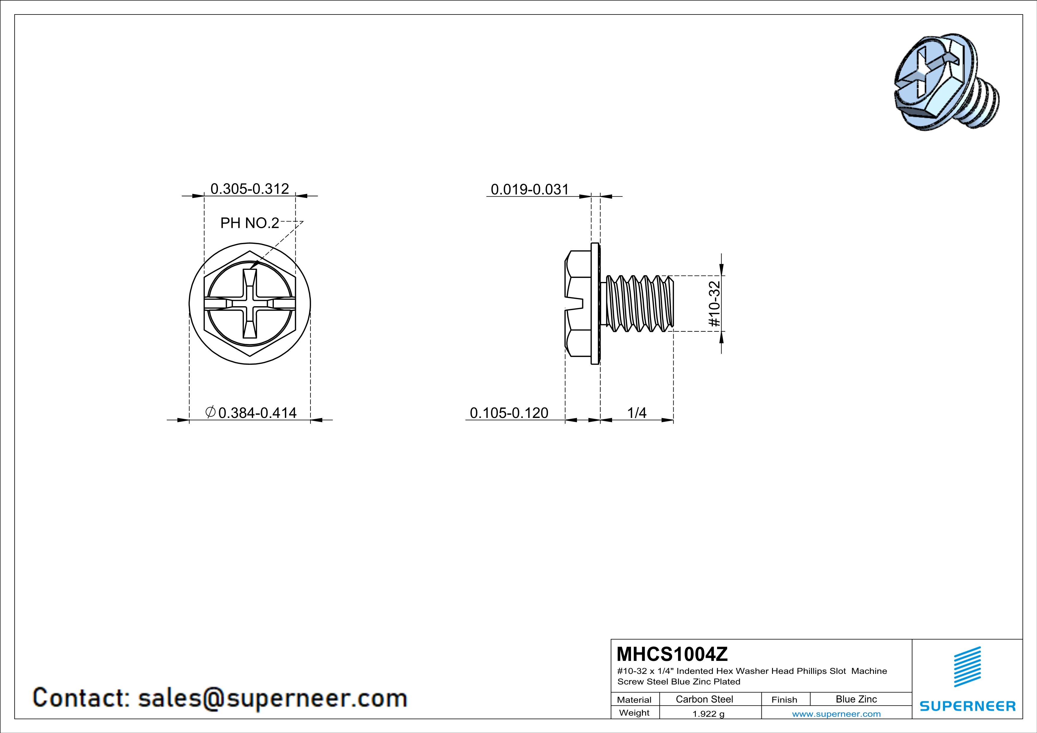 10-32 x 1/4" Indented Hex Washer Serrated Head Phillips Slot Machine Screw Steel Blue Zinc Plated