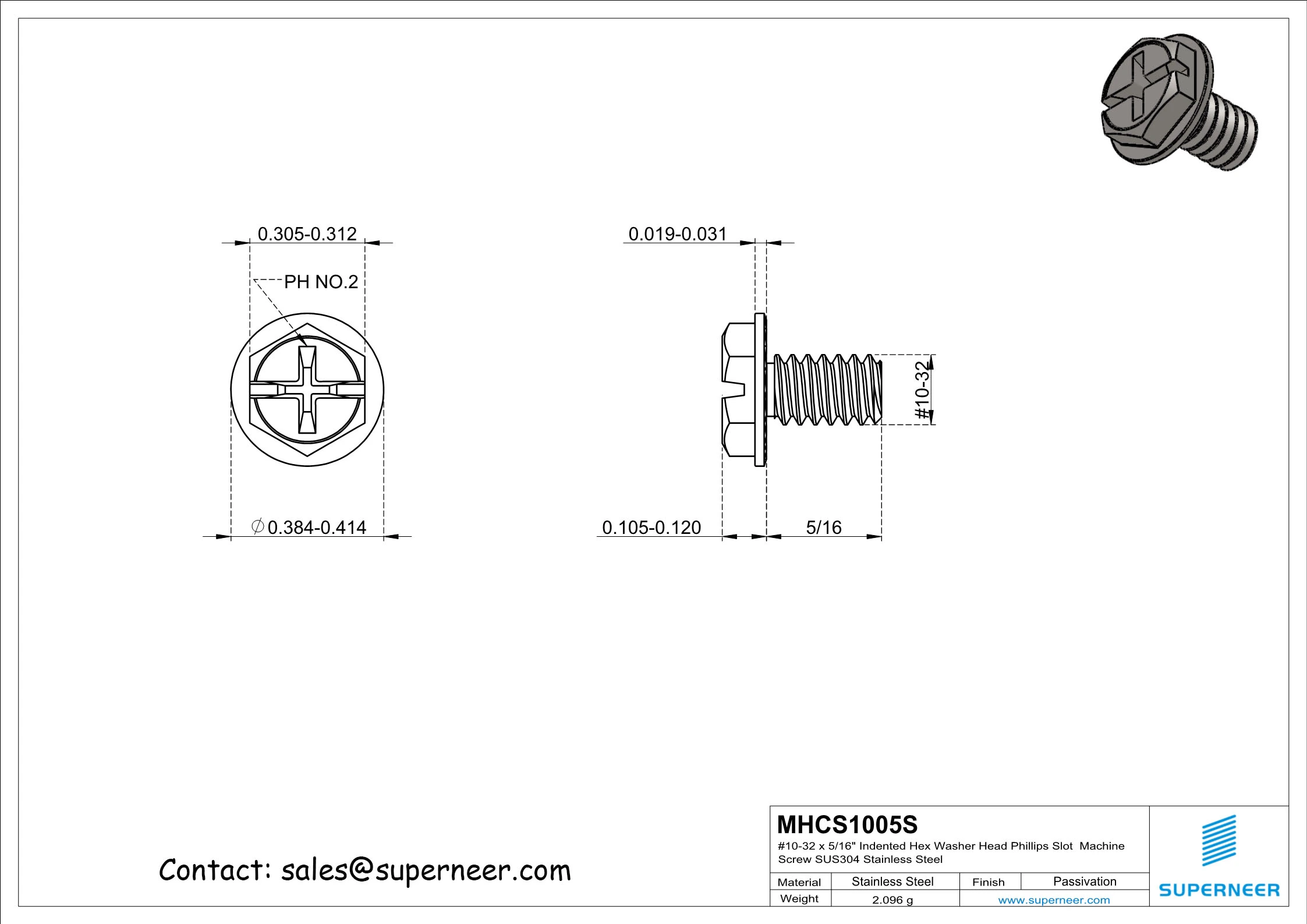 10-32 x 5/16" Indented Hex Washer Serrated Head Phillips Slot Machine Screw SUS304 Stainless Steel Inox