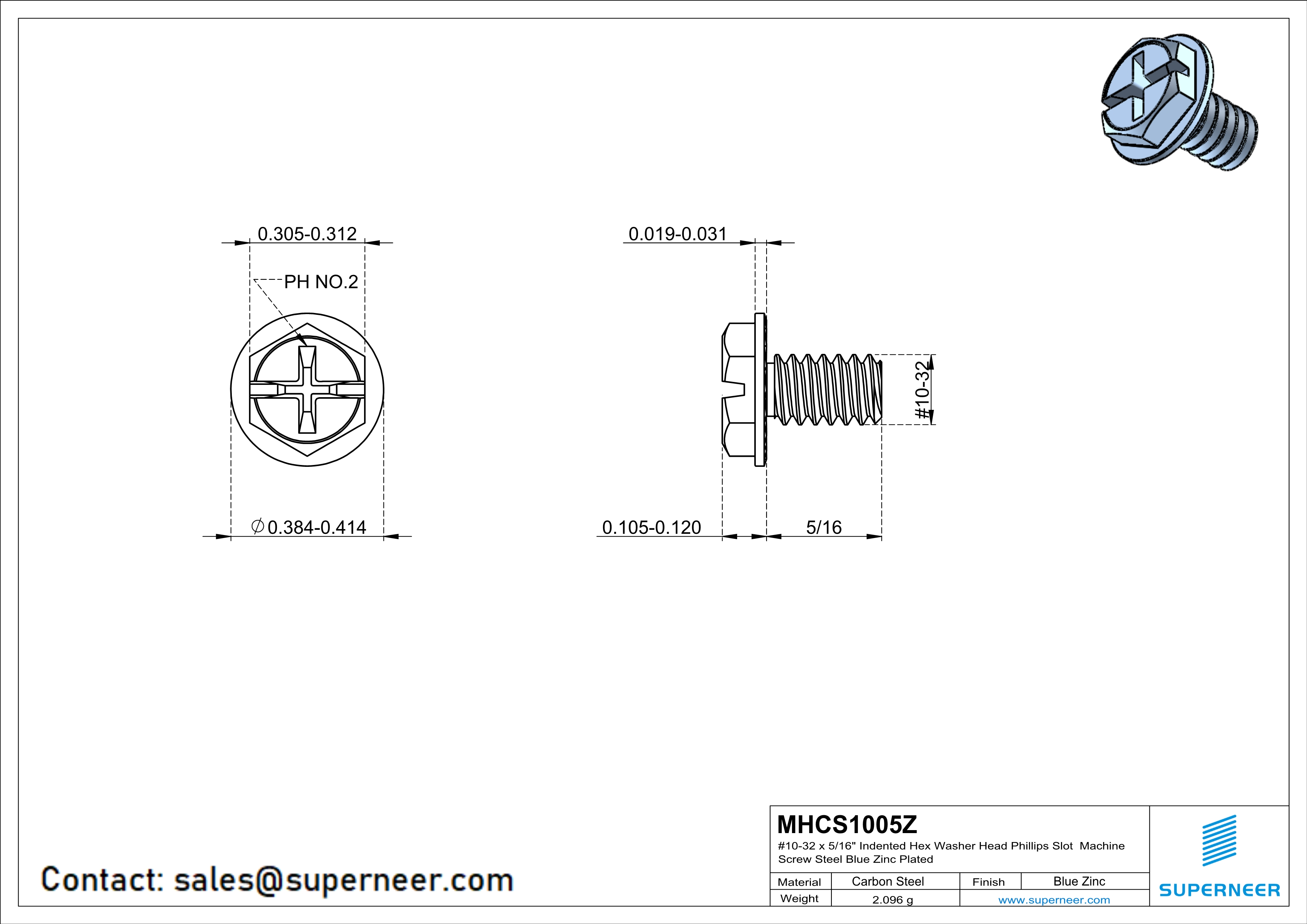 10-32 x 5/16" Indented Hex Washer Serrated Head Phillips Slot Machine Screw Steel Blue Zinc Plated