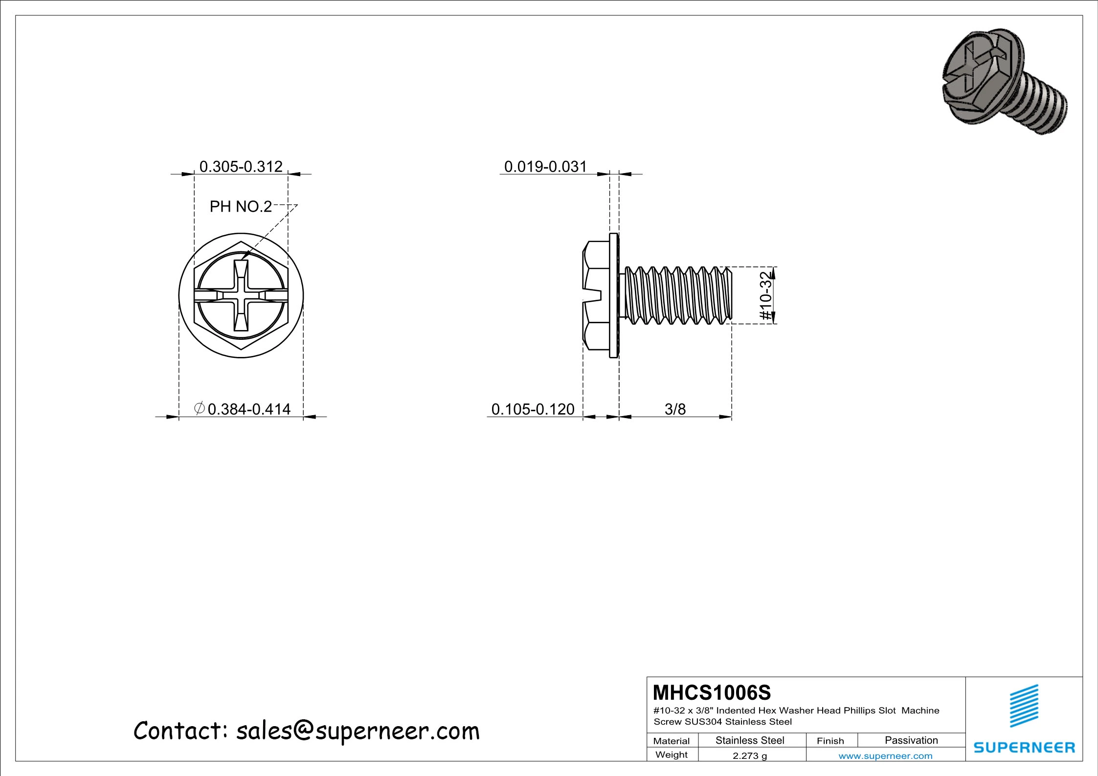 10-32 x 3/8" Indented Hex Washer Serrated Head Phillips Slot Machine Screw SUS304 Stainless Steel Inox