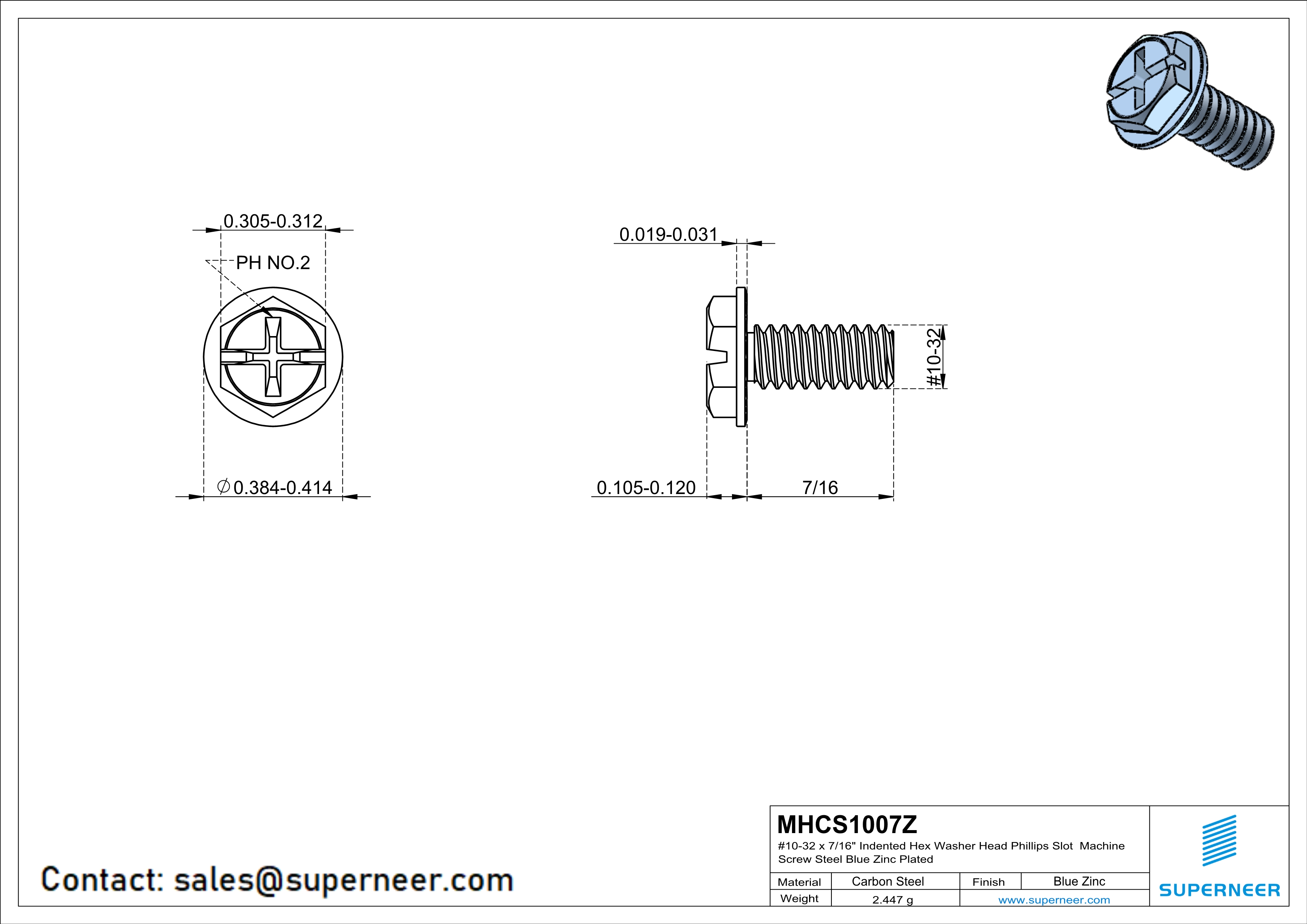 10-32 x 7/16“ Indented Hex Washer Serrated Head Phillips Slot Machine Screw Steel Blue Zinc Plated