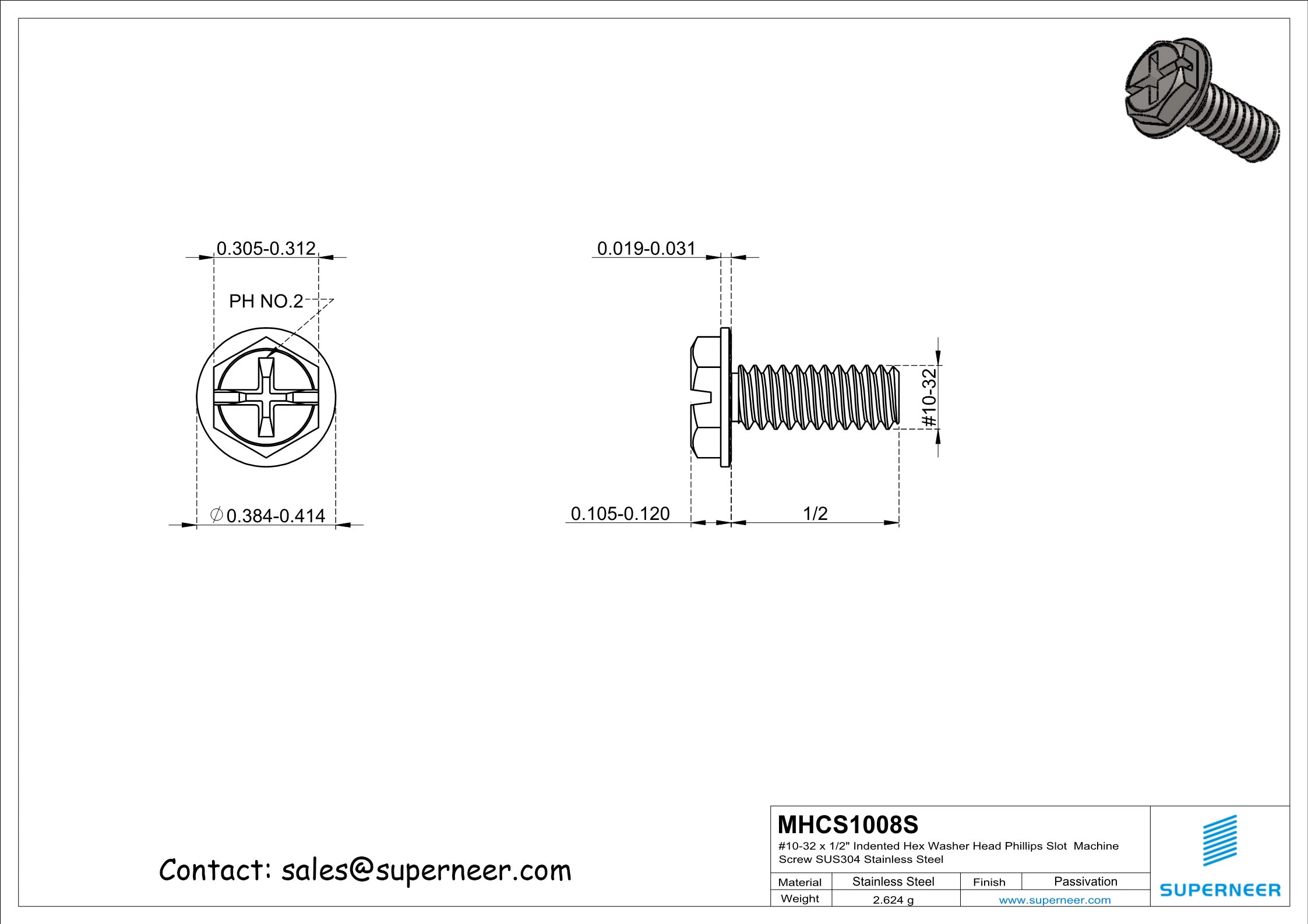 10-32 x 1/2" Indented Hex Washer Serrated Head Phillips Slot Machine Screw SUS304 Stainless Steel Inox