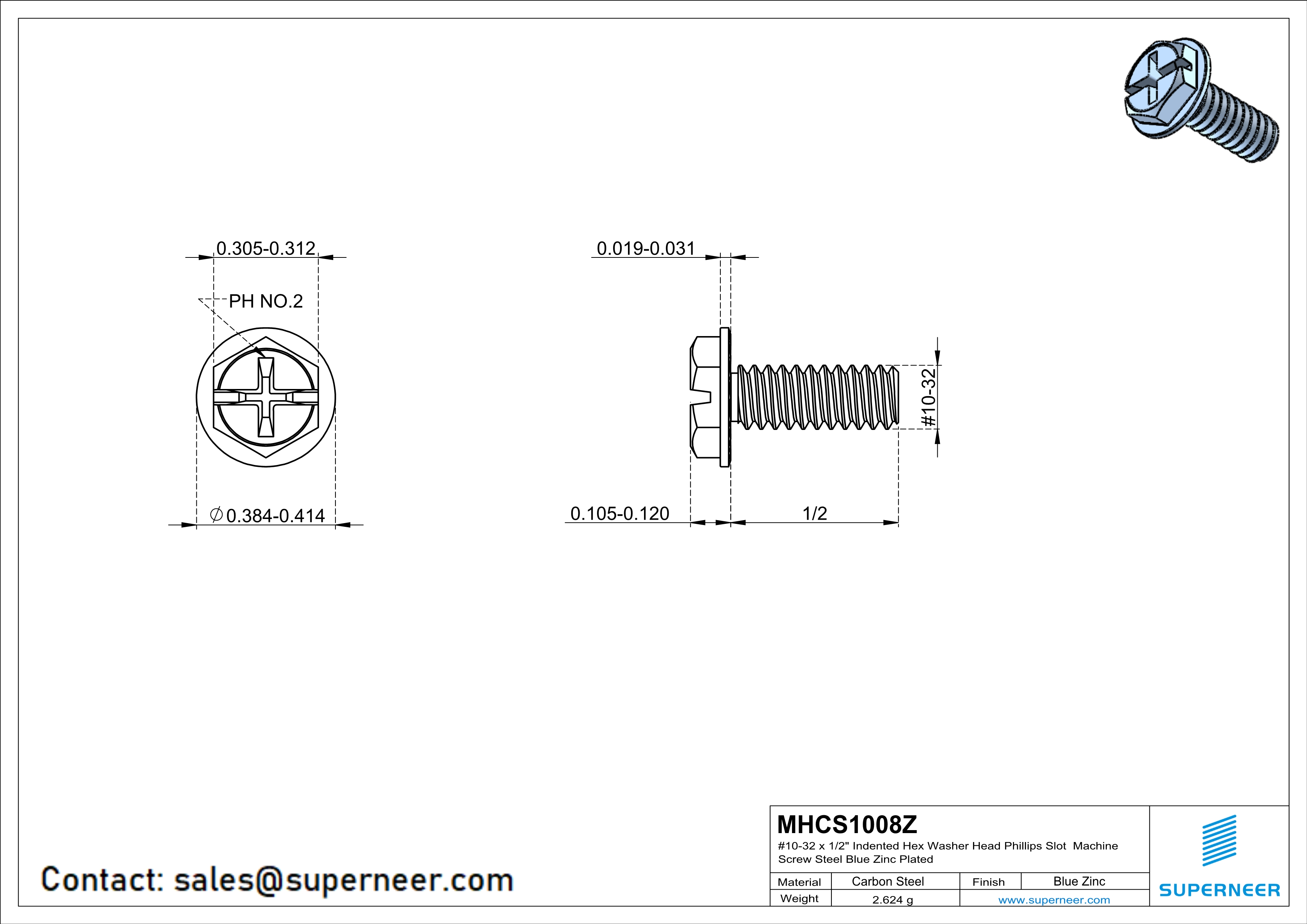 10-32 x 1/2" Indented Hex Washer Serrated Head Phillips Slot Machine Screw Steel Blue Zinc Plated