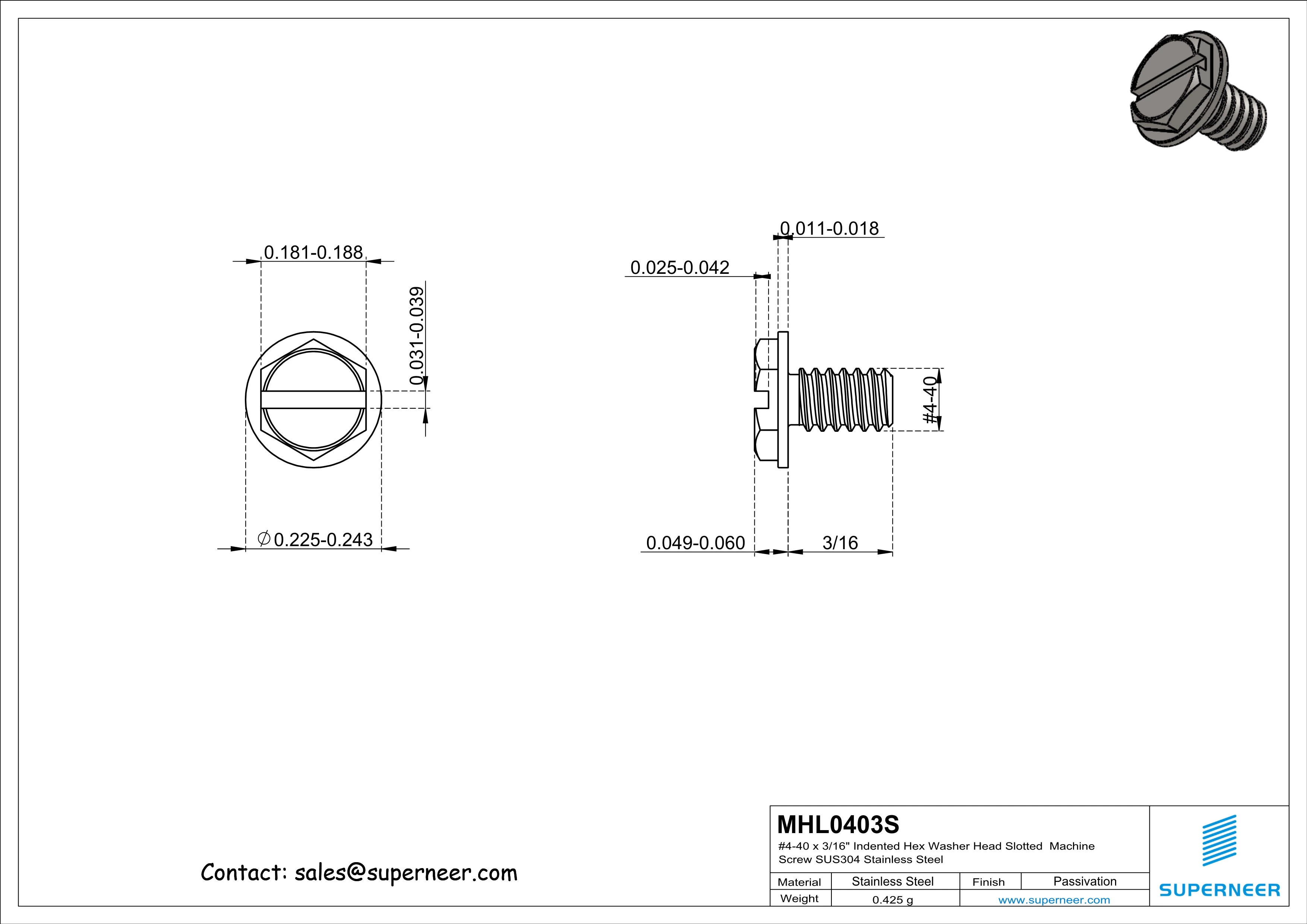 4-40 x 3/16" Indented Hex Washer Head Slotted Machine Screw SUS304 Stainless Steel Inox