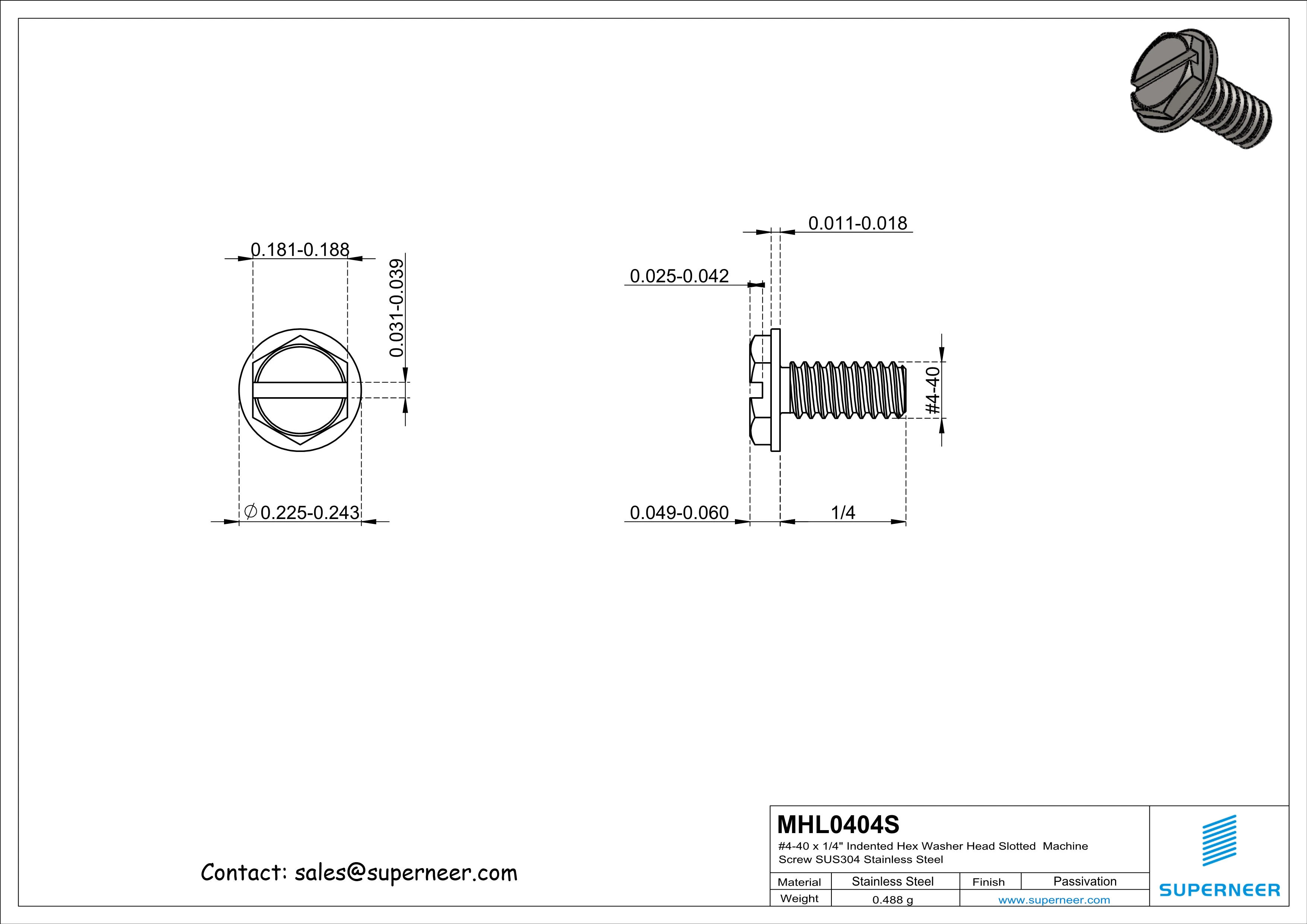 4-40 x 1/4" Indented Hex Washer Head Slotted Machine Screw SUS304 Stainless Steel Inox