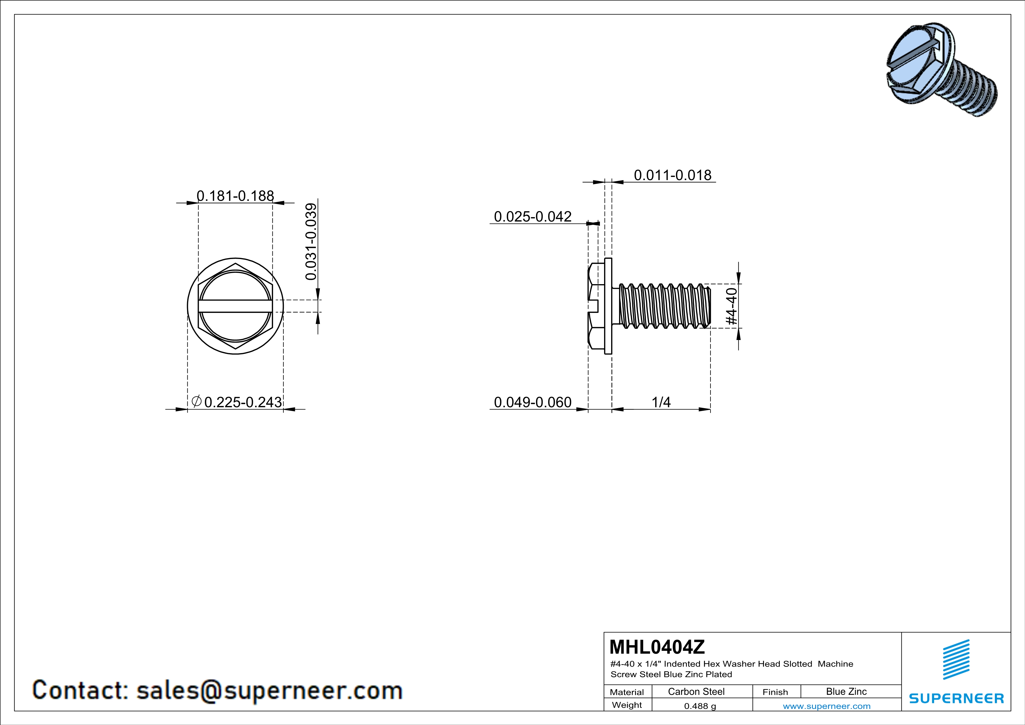 4-40 x 1/4" Indented Hex Washer Head Slotted Machine Screw Steel Blue Zinc Plated