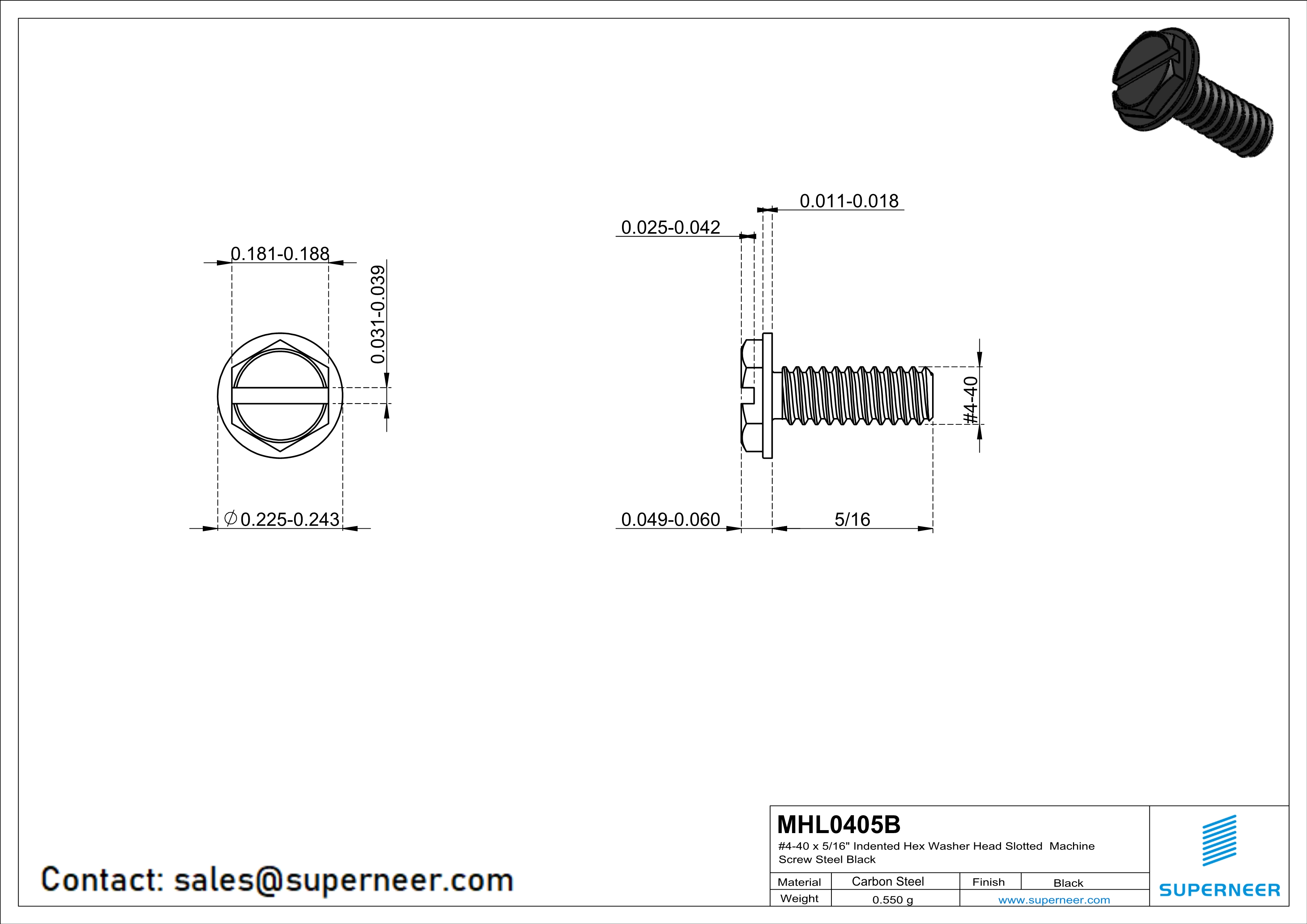 4-40 x 5/16" Indented Hex Washer Head Slotted Machine Screw Steel Black