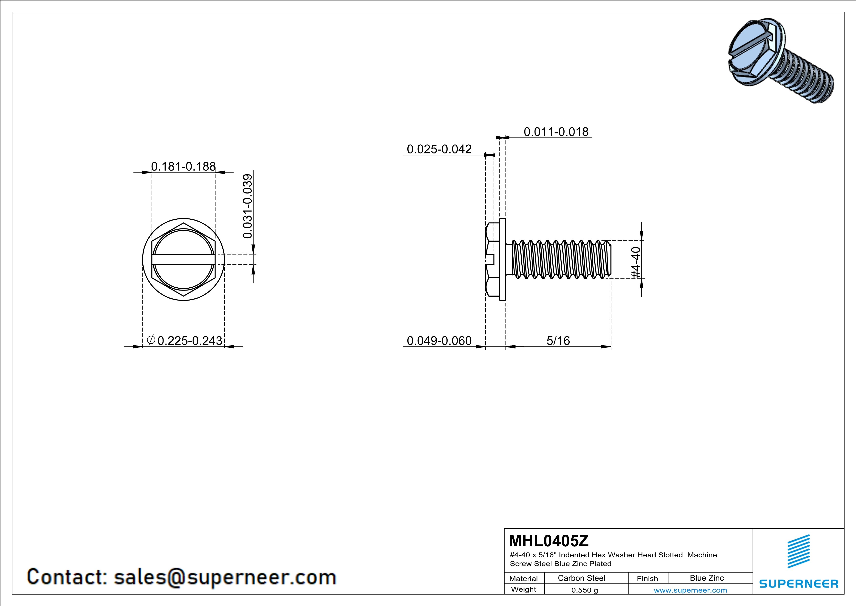 4-40 x 5/16" Indented Hex Washer Head Slotted Machine Screw Steel Blue Zinc Plated