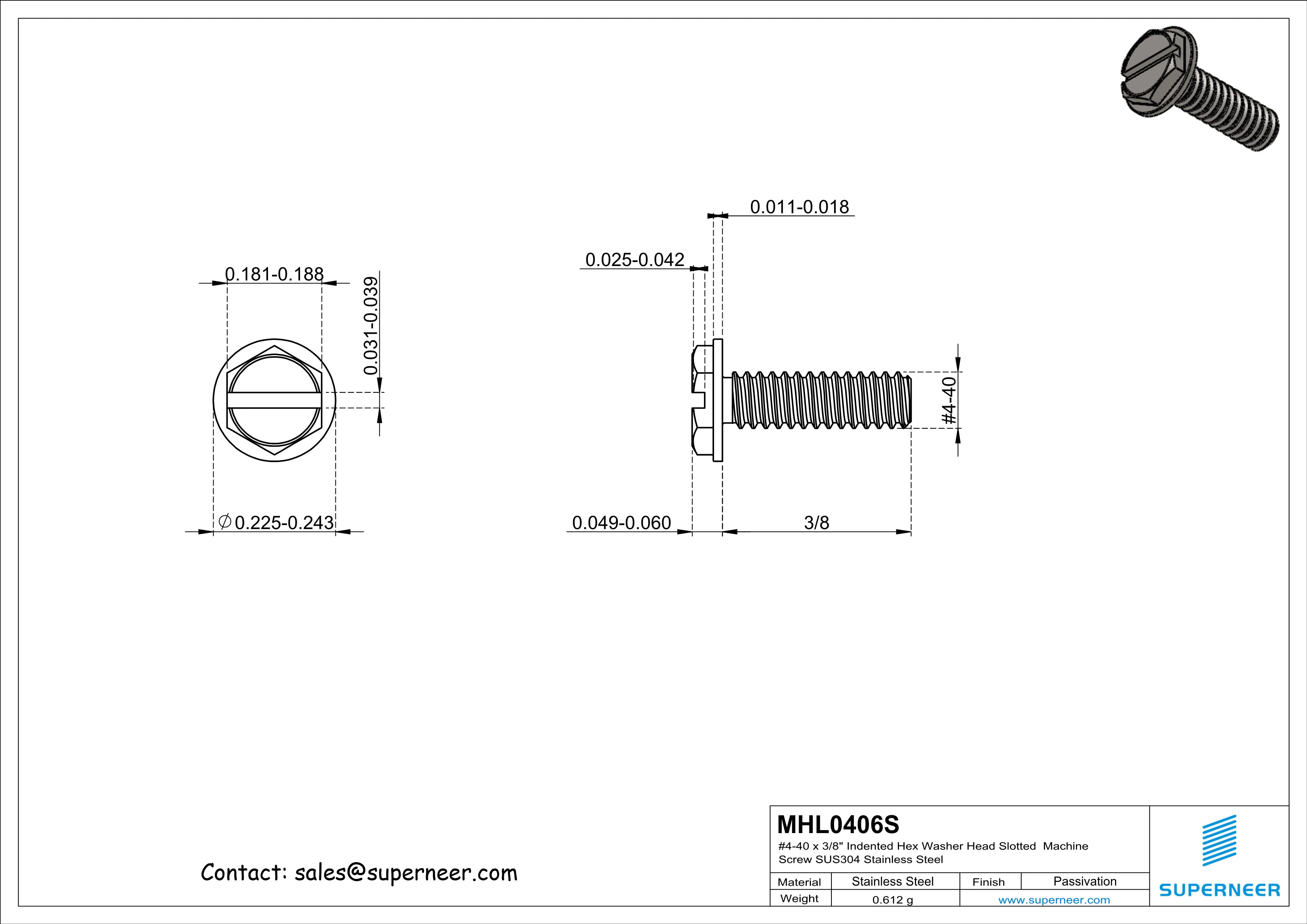 4-40 x 3/8" Indented Hex Washer Head Slotted Machine Screw SUS304 Stainless Steel Inox