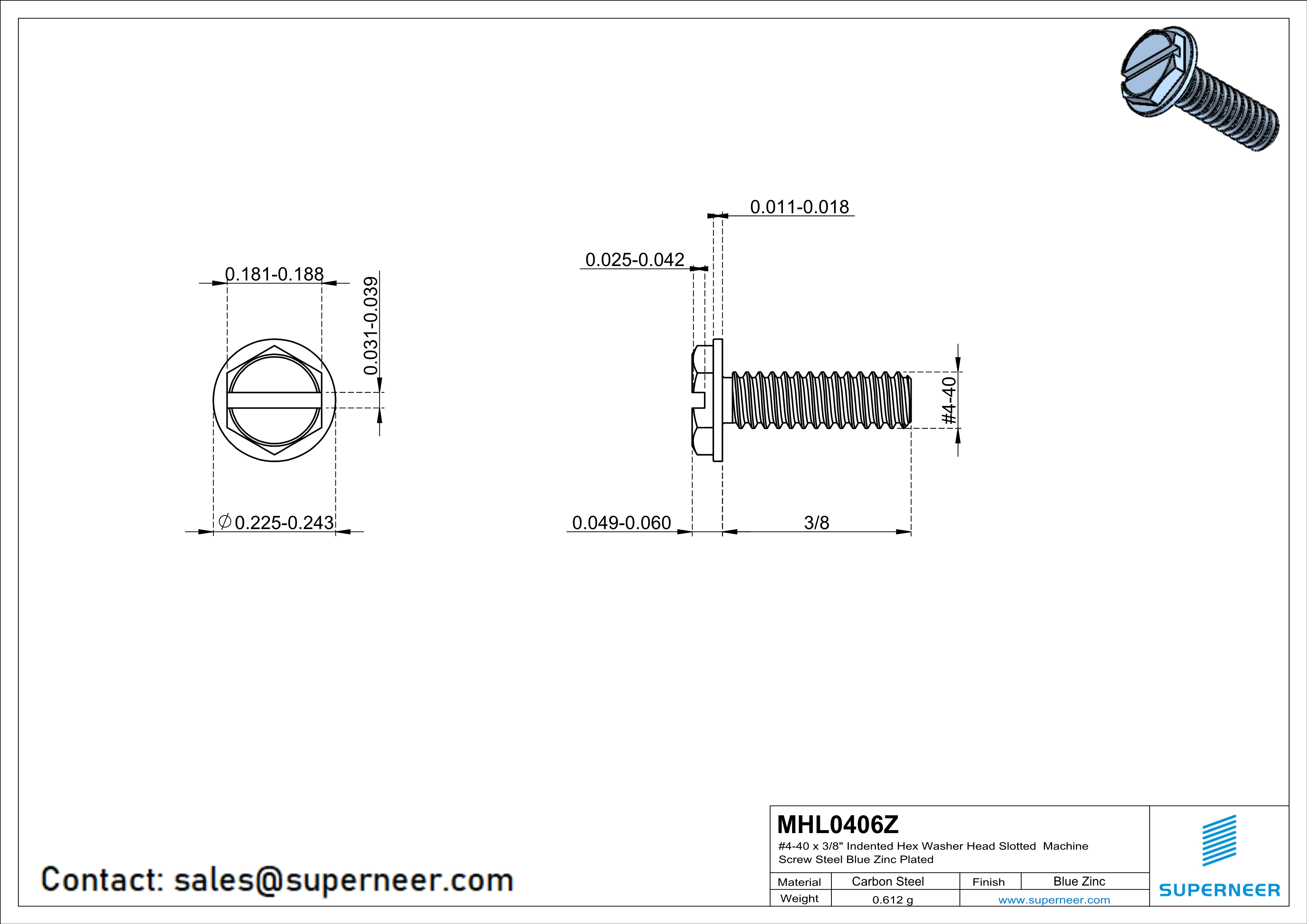 4-40 x 3/8" Indented Hex Washer Head Slotted Machine Screw Steel Blue Zinc Plated