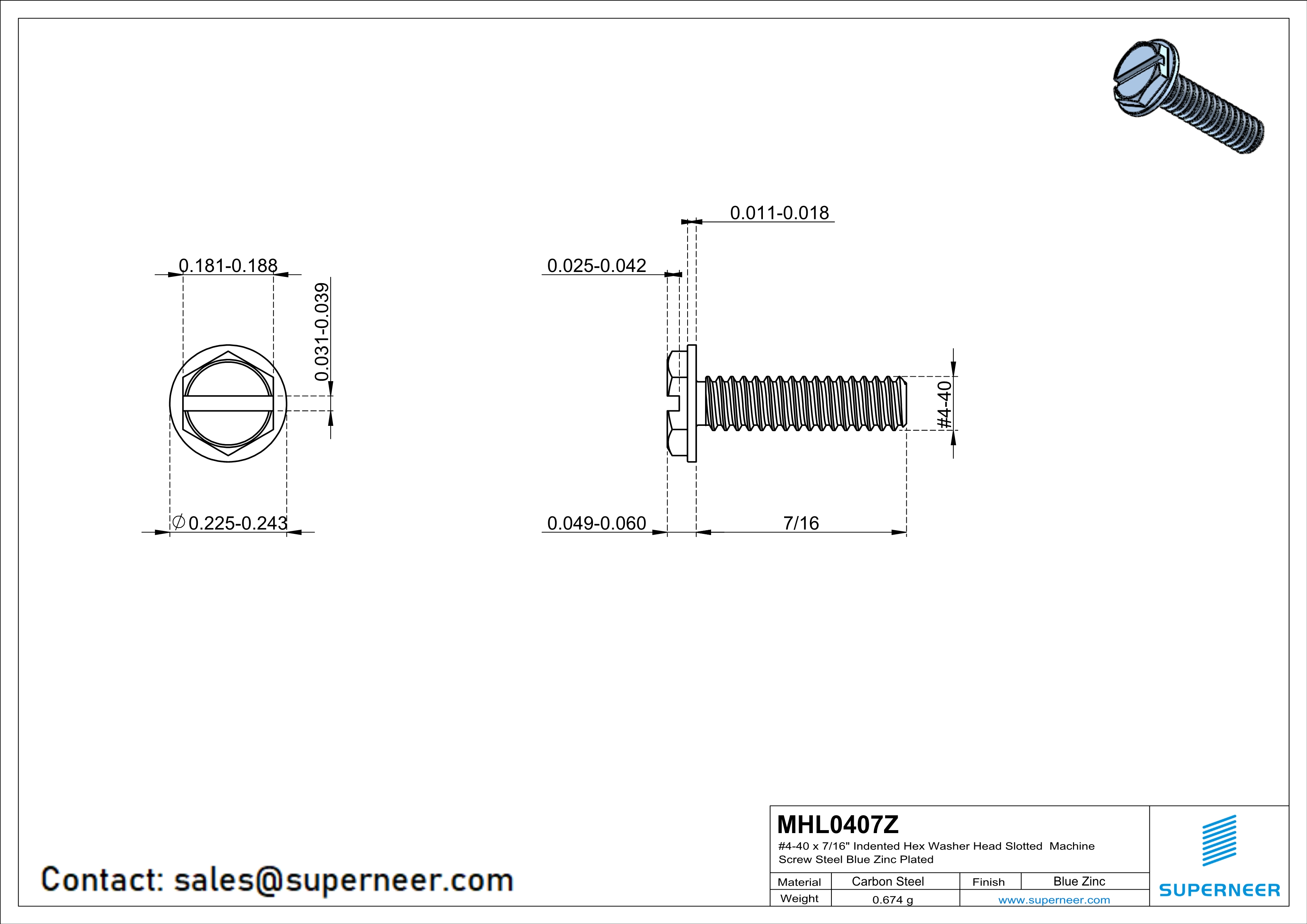 4-40 x 7/16“ Indented Hex Washer Head Slotted Machine Screw Steel Blue Zinc Plated